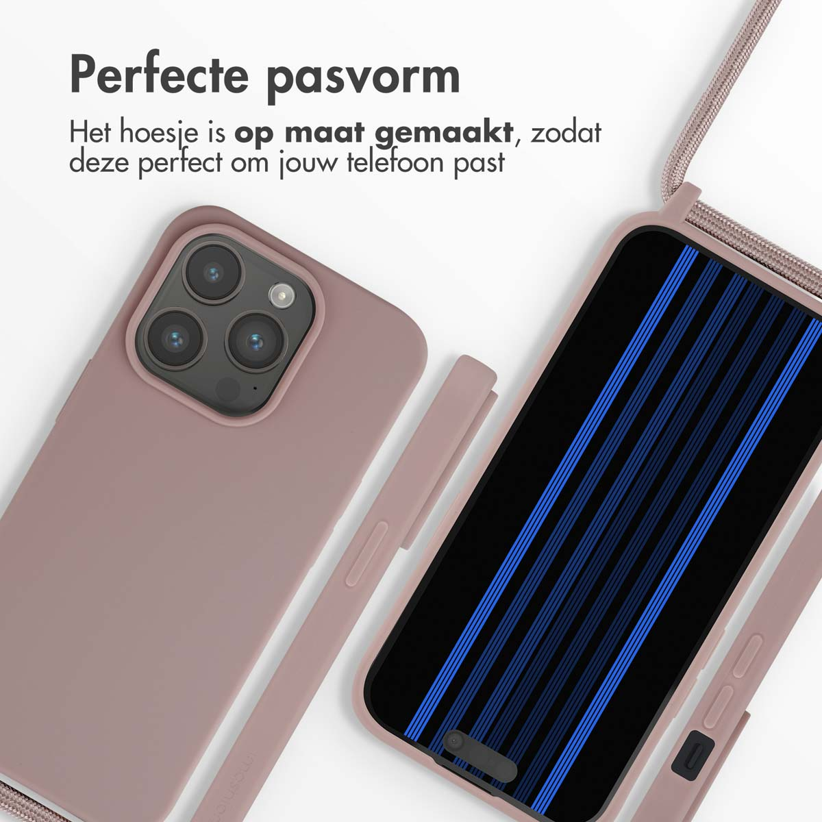 Telefoonhoesje met bandje, roze hoes links, telefoon rechts.