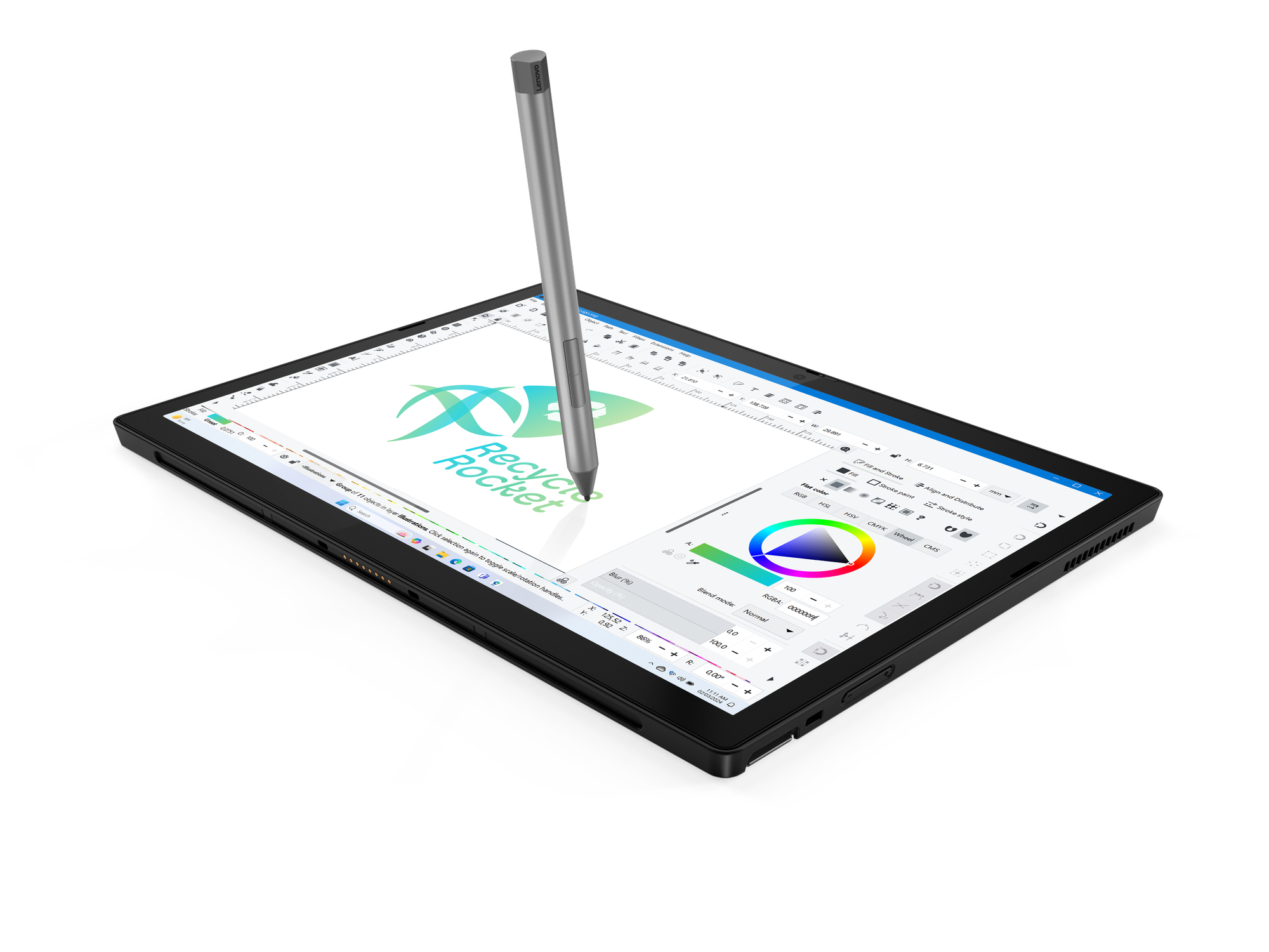 Schwarzes Tablet mit Stift. Das Display zeigt Designsoftware mit Logo und Farbrad.