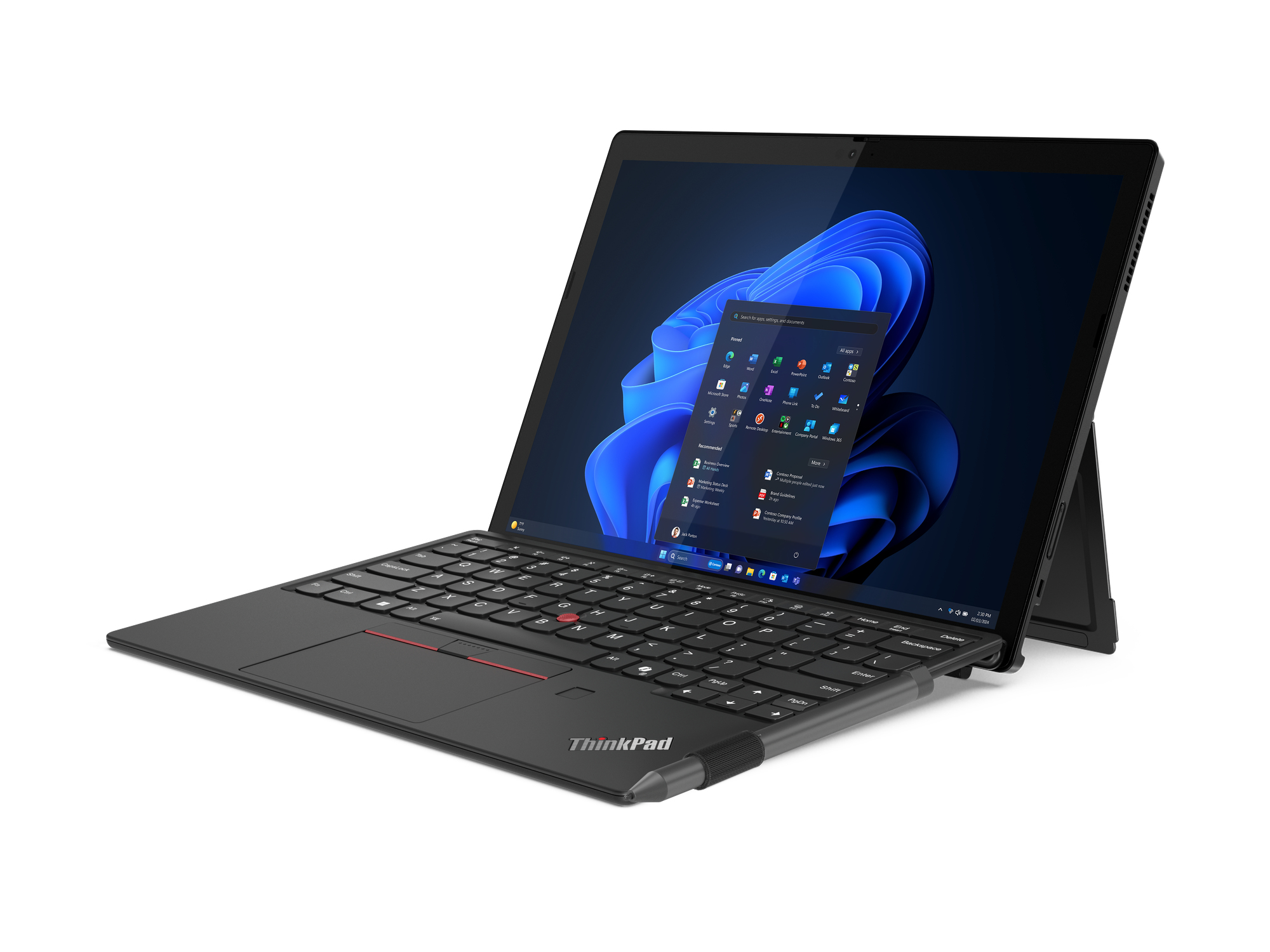Laptop nero su sfondo bianco, aperto con lo schermo rivolto verso l'alto.
