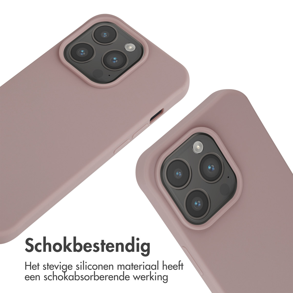 Twee roze telefoonhoesjes. Tekst 'Schokbestendig' in het Nederlands. Close-up cameralens.