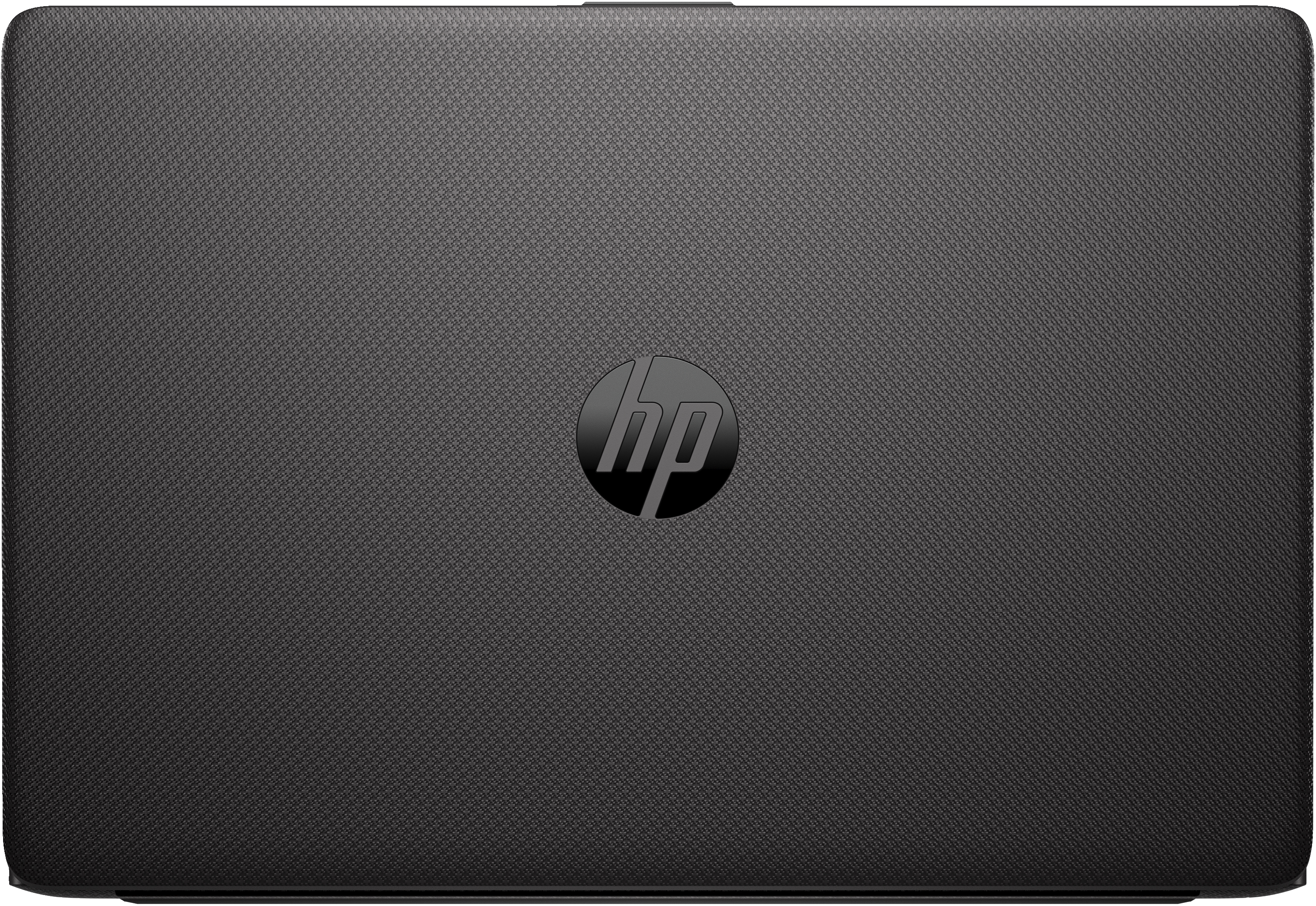 La vista dall'alto di un laptop nero con il logo HP al centro. La superficie è strutturata.