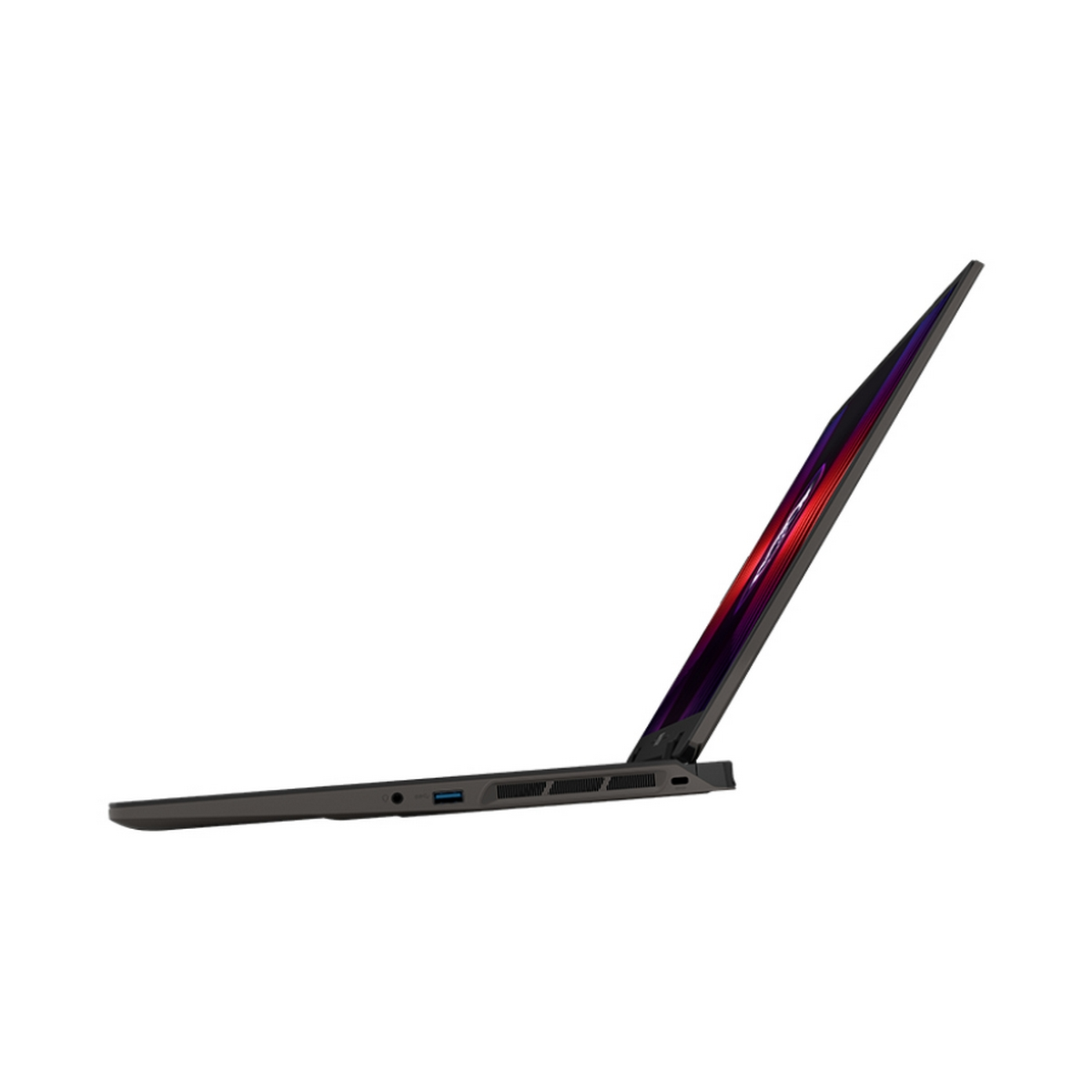 Laptop di profilo. Lo schermo è aperto, rivelando una sfumatura rossa e nera.
