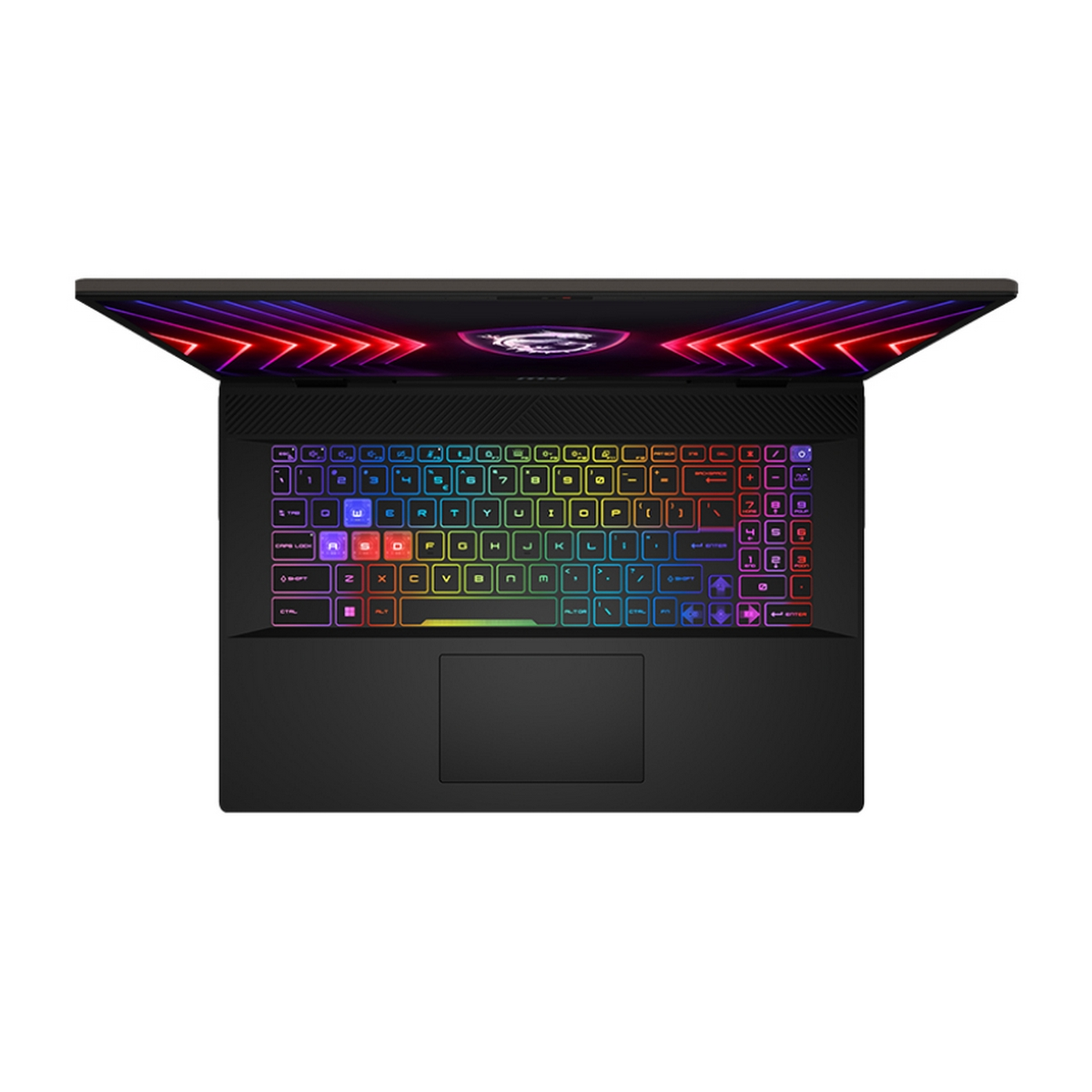 Laptop nero con tastiera arcobaleno illuminata. Vista dall'alto, aperto su superficie bianca.