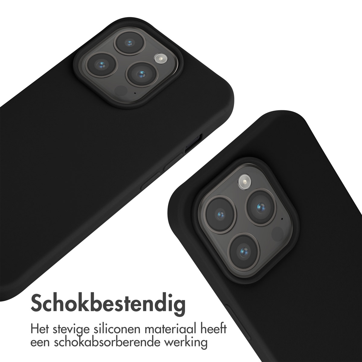 Twee zwarte telefoonhoesjes met tekst. Tekst luidt 'Schokbestendig' en 'Het stevige siliconen materiaal'.