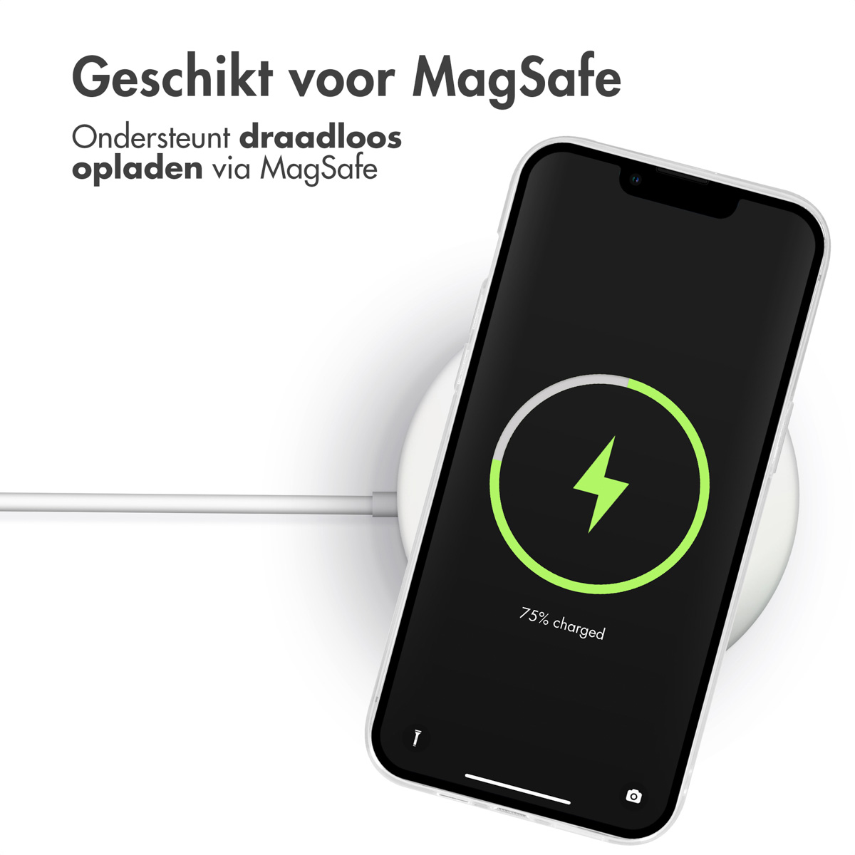 Téléphone en charge sans fil. 75% chargé. Texte : Adapté à MagSafe. Éclair vert.