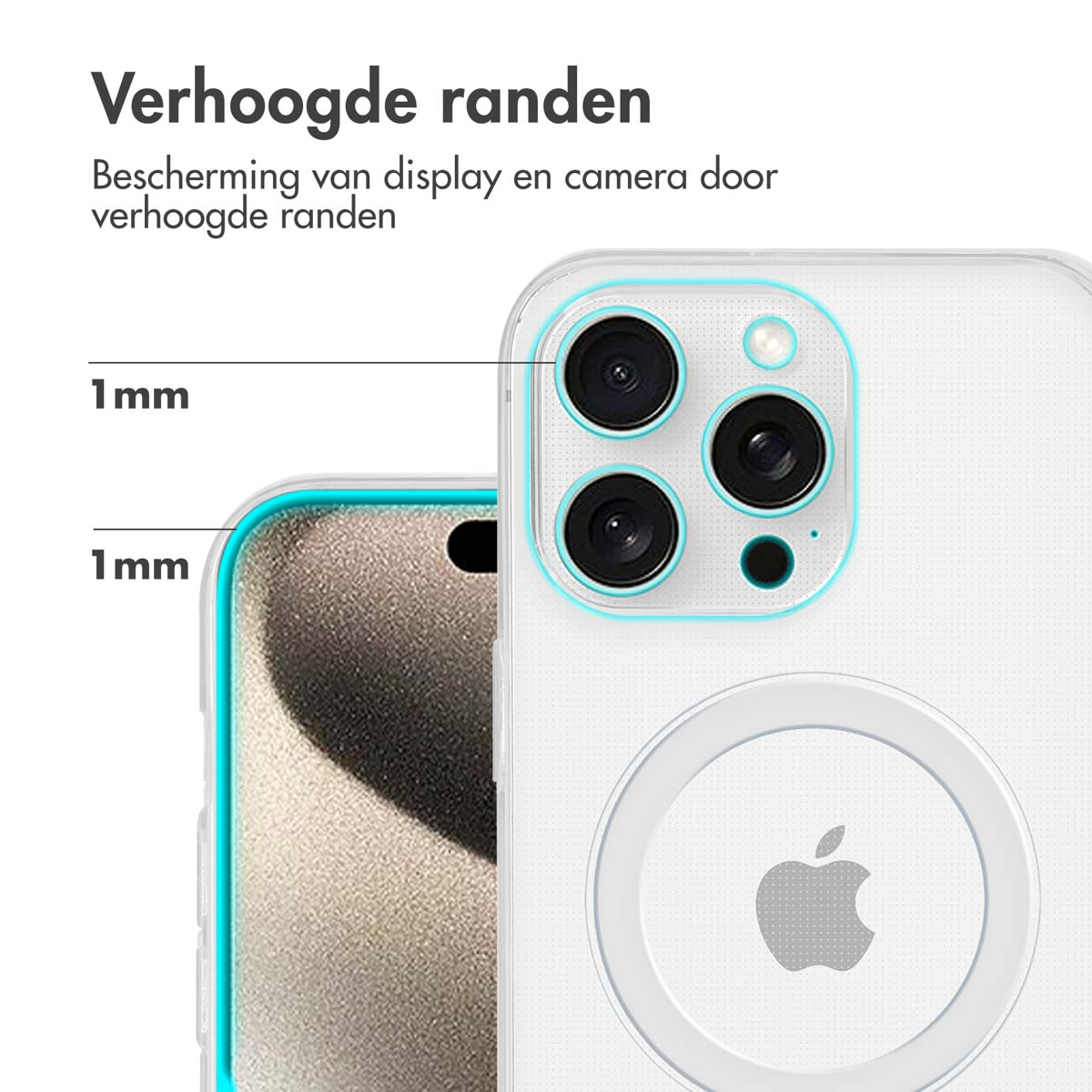 Une coque de téléphone avec un dos transparent et un bord transparent. Le texte ci-dessus dit 'Bords surélevés'.