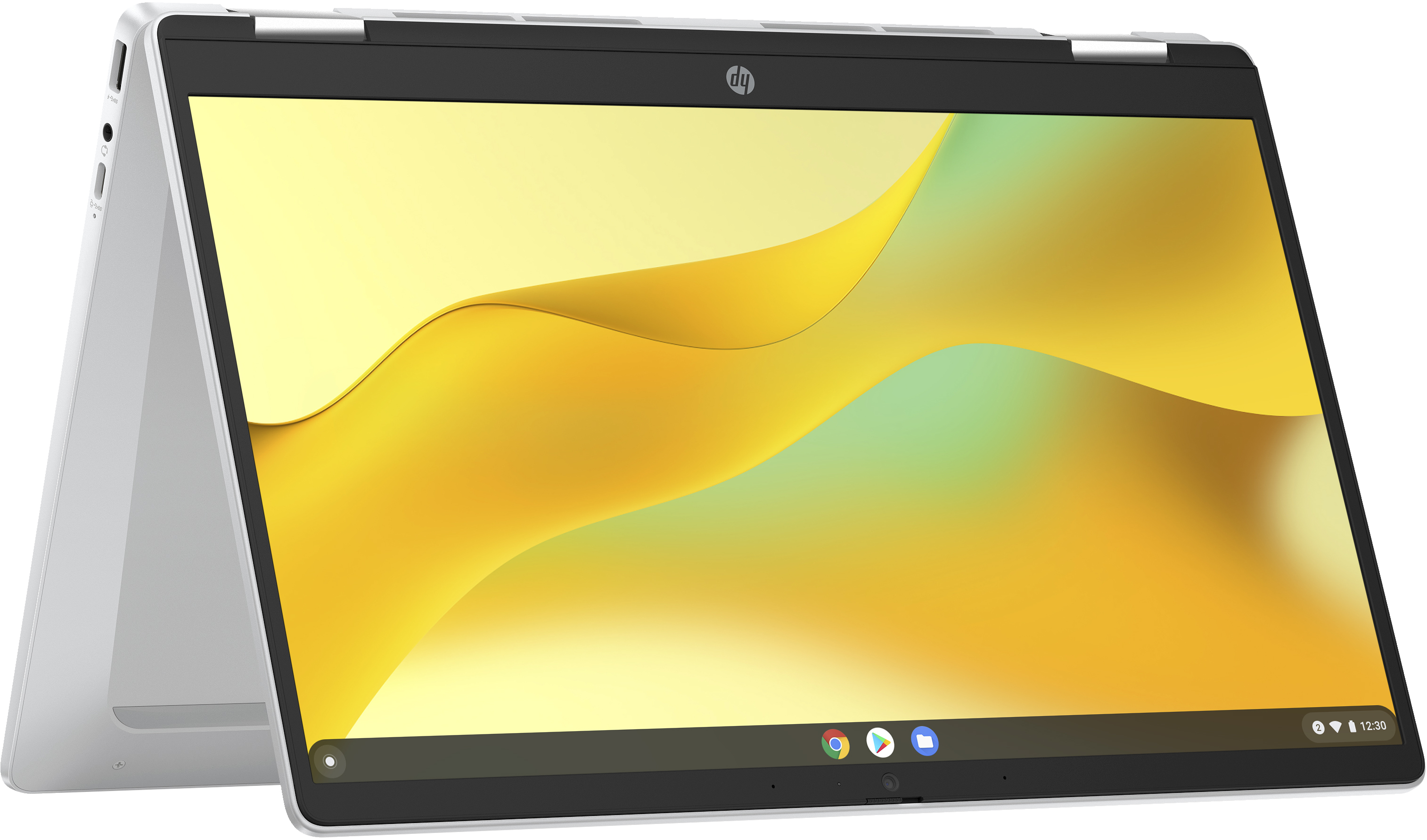 Laptop argento con schermo giallo e bianco, parzialmente aperto.