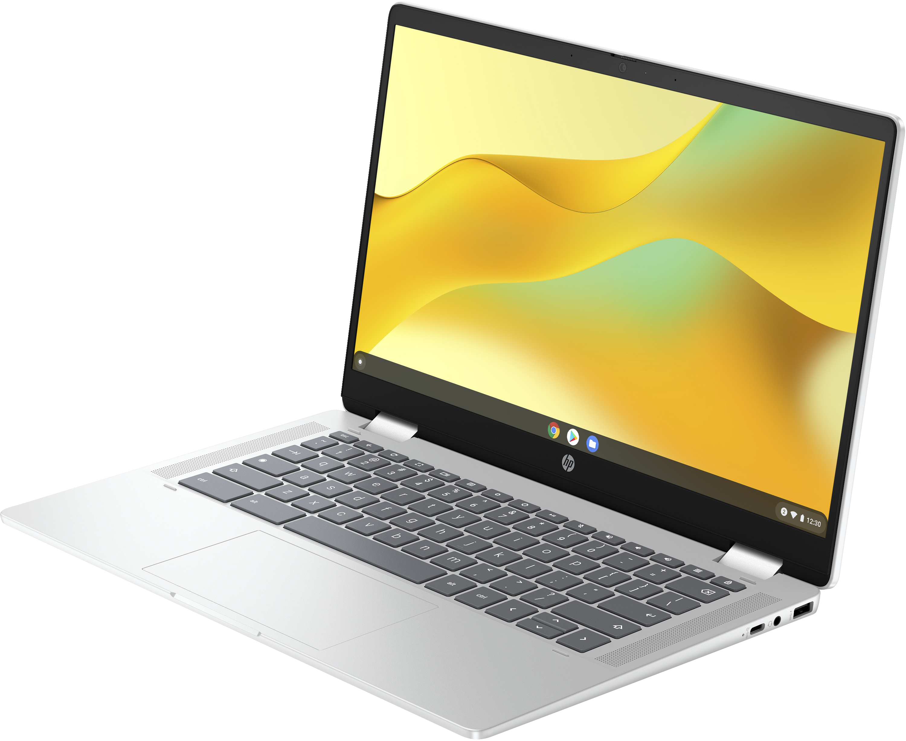 Un laptop argentato con schermo aperto che mostra una sfumatura giallo-verde su sfondo bianco.