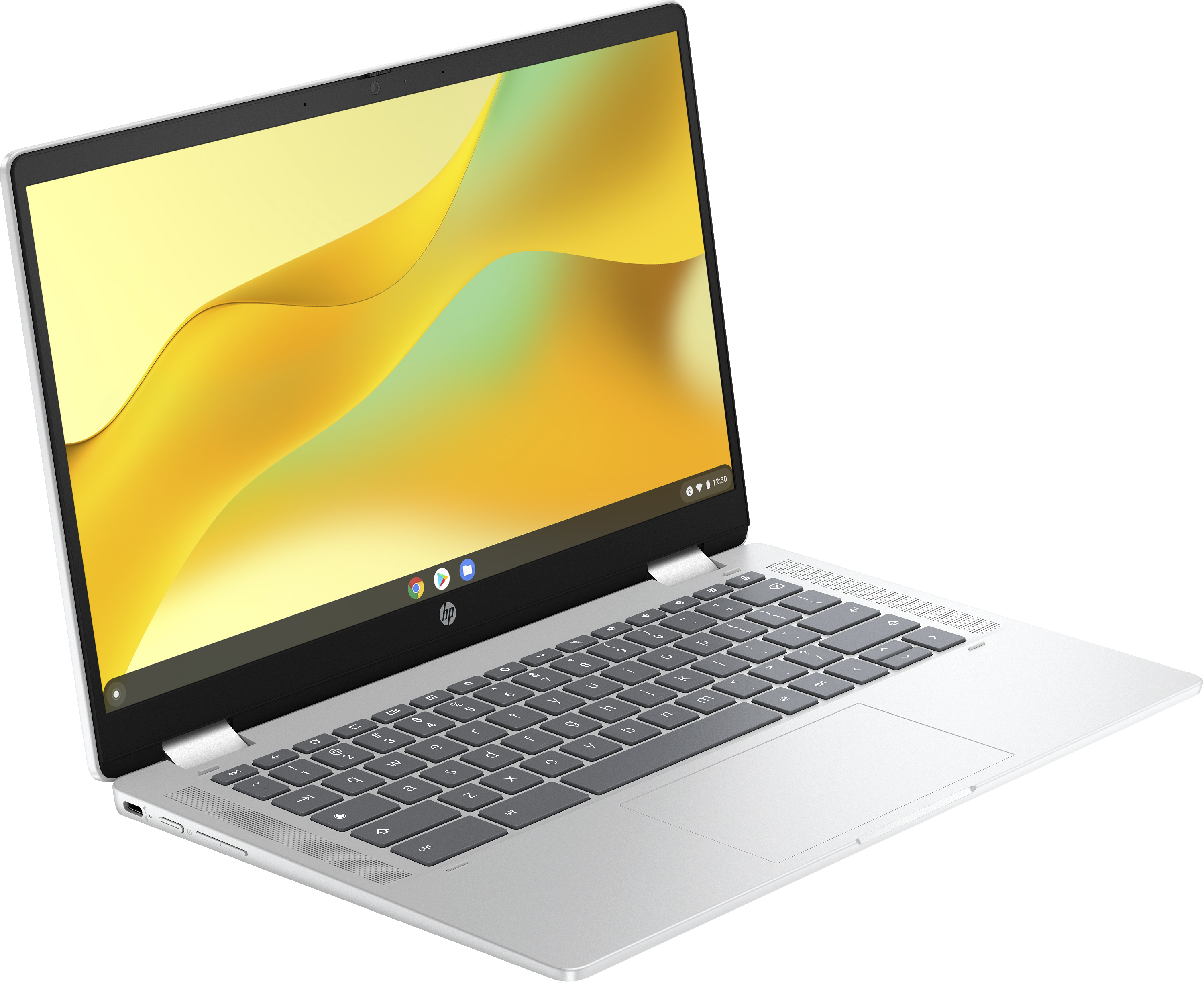 Laptop HP Chromebook argento, aperto su uno schermo dai toni gialli.