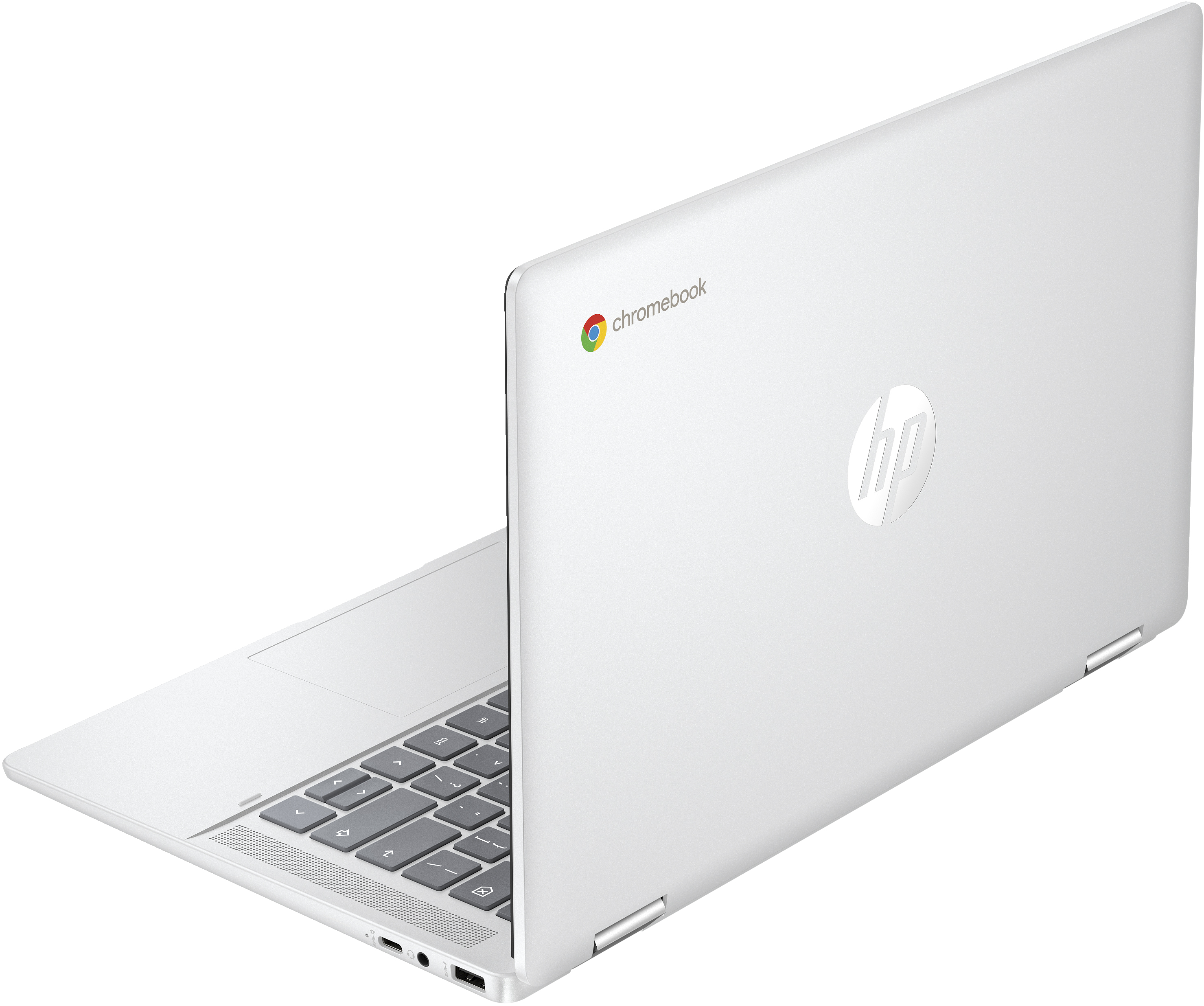 Laptop HP Chromebook bianco, aperto ad angolo. Mostra il logo HP e il logo Chrome.