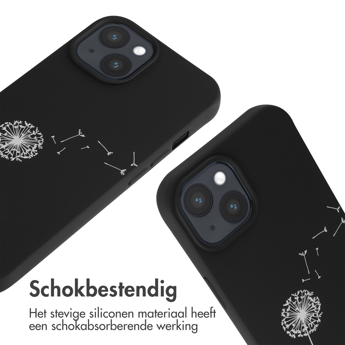 Black phone cases with white dandelion design on a white background.