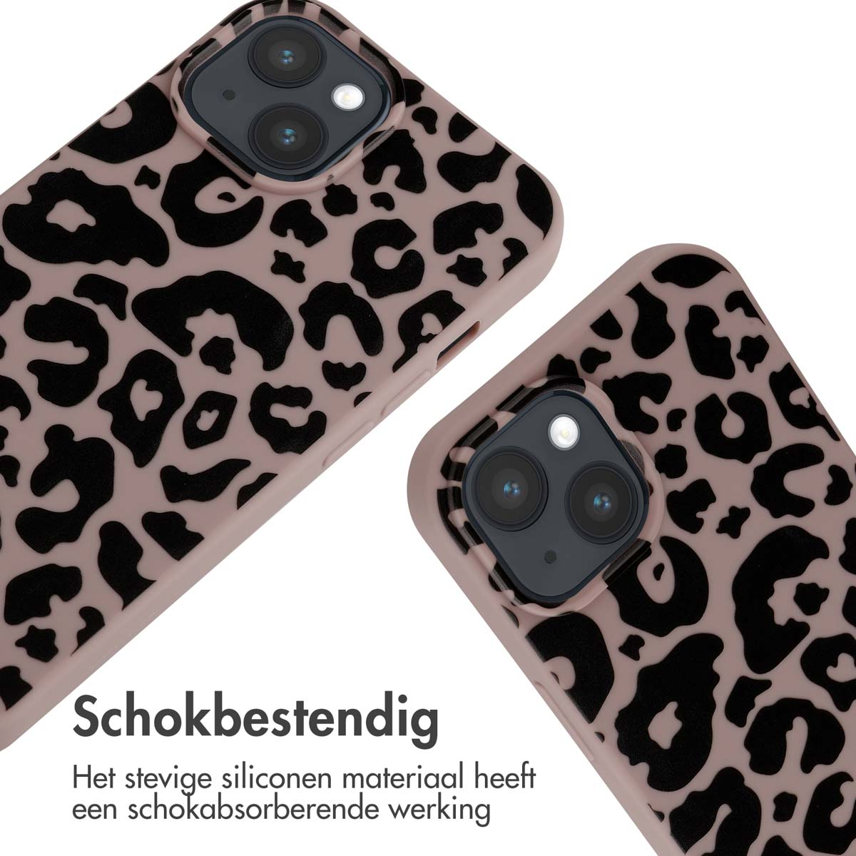 Pink phone cases with black leopard print. Two cases, one in focus, show camera details. White background.