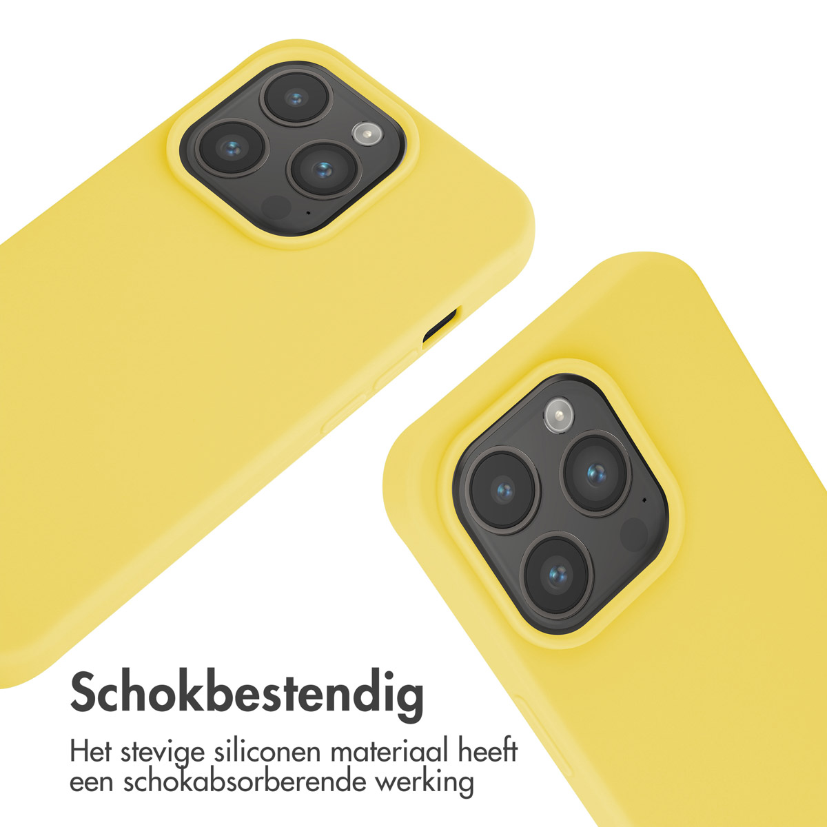 Er worden twee gele telefoonhoesjes weergegeven. De tekst 'Schokbestendig' staat boven de afbeelding.