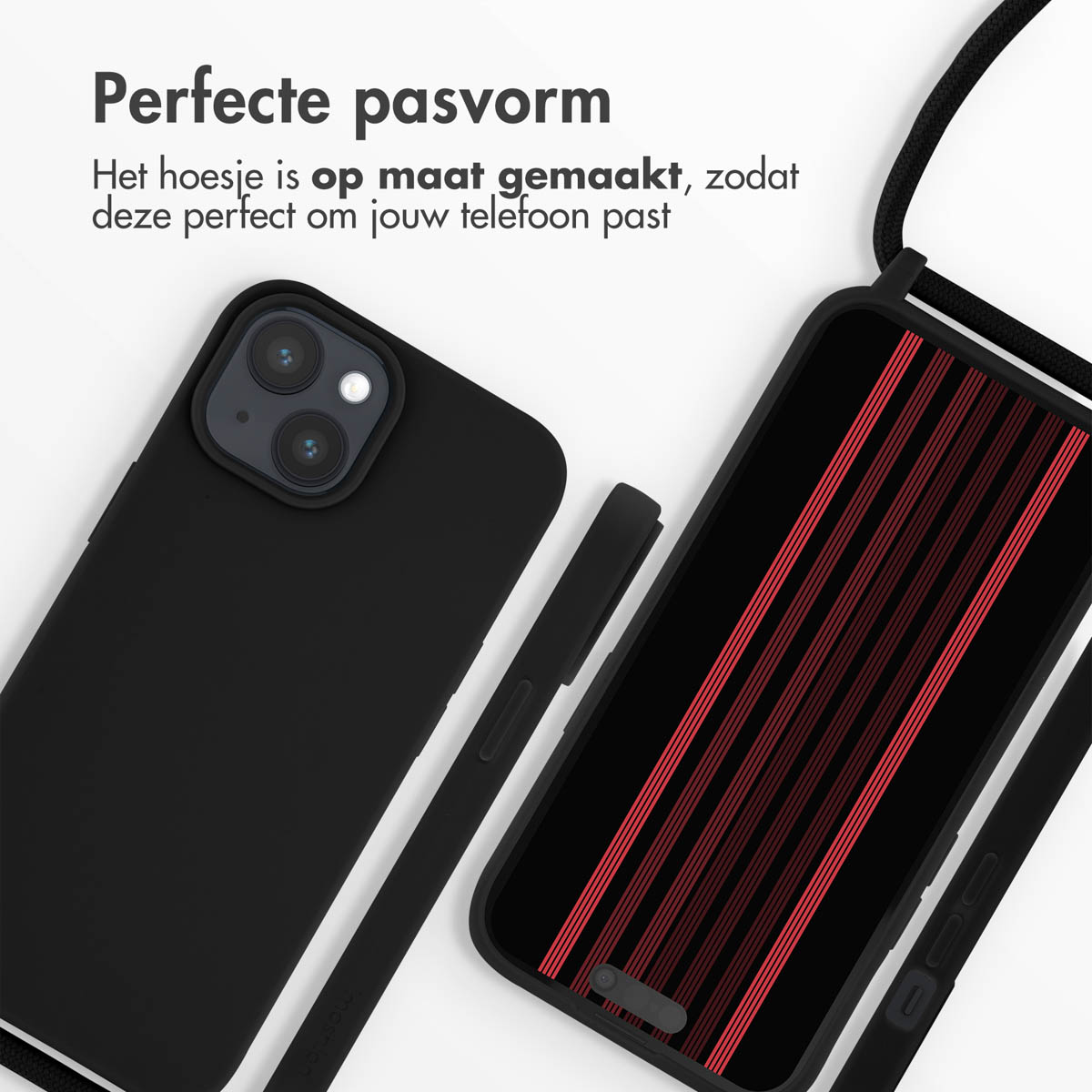 Schwarze Handyhülle mit Kordel, Telefonbildschirm mit roten Streifen, weißer Hintergrund.