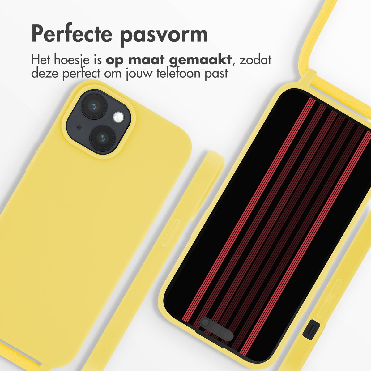 Gelbes Telefon mit Hülle und Band. Text 'Perfekte Passform' auf Niederländisch. Linien auf dem Tel.