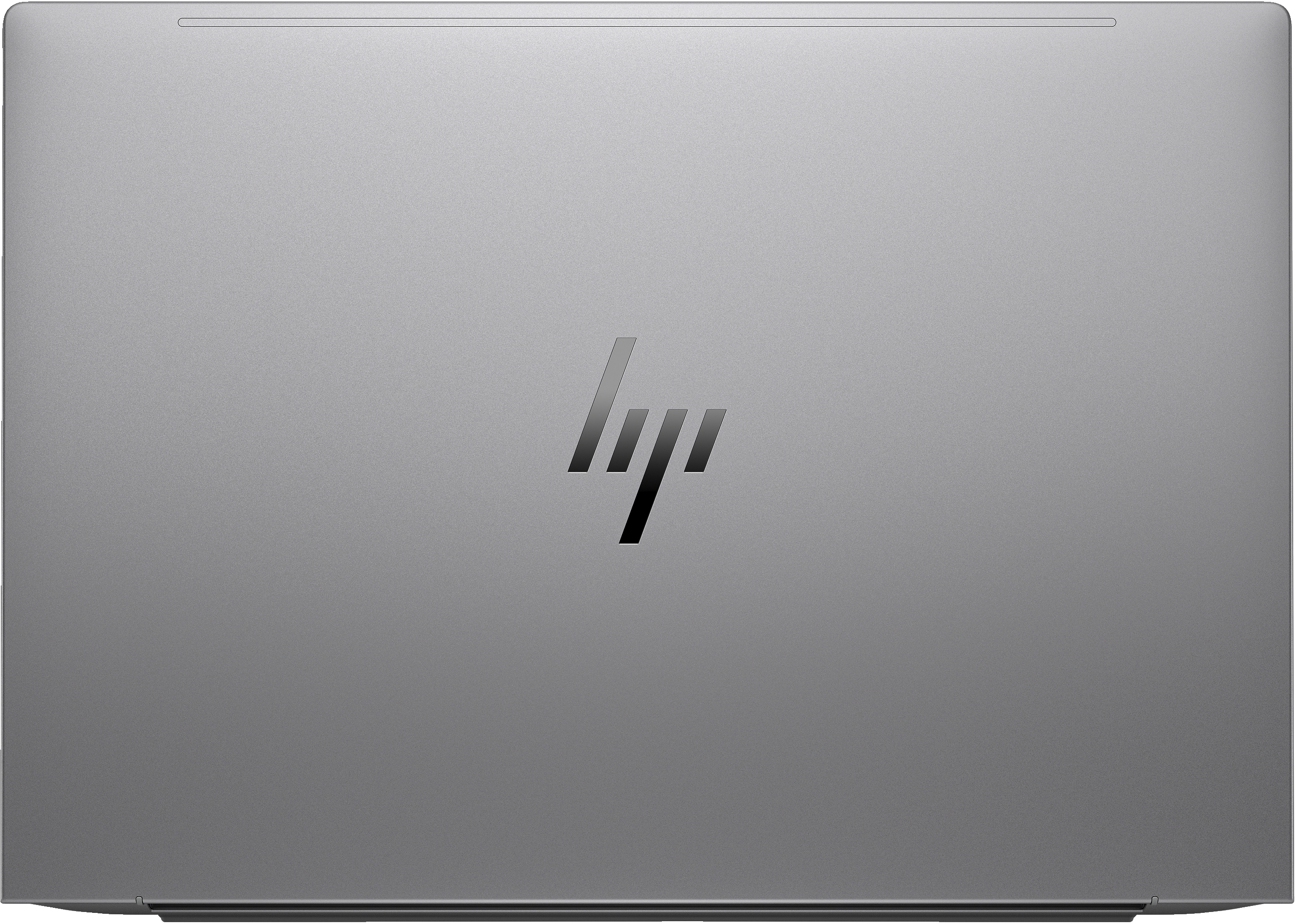 Couvercle d'ordinateur portable argenté avec logo HP. Finition mate, lignes épurées.