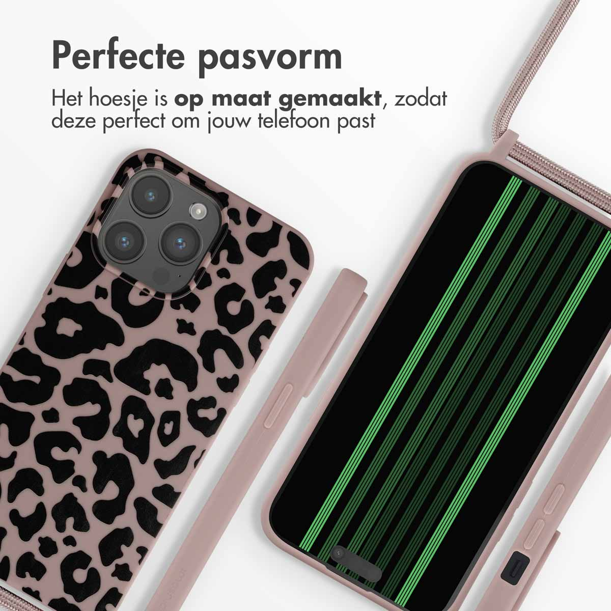 Twee telefoonhoesjes. Eén is roze met zwarte luipaardvlekken, de andere is zwart met groene strepen.