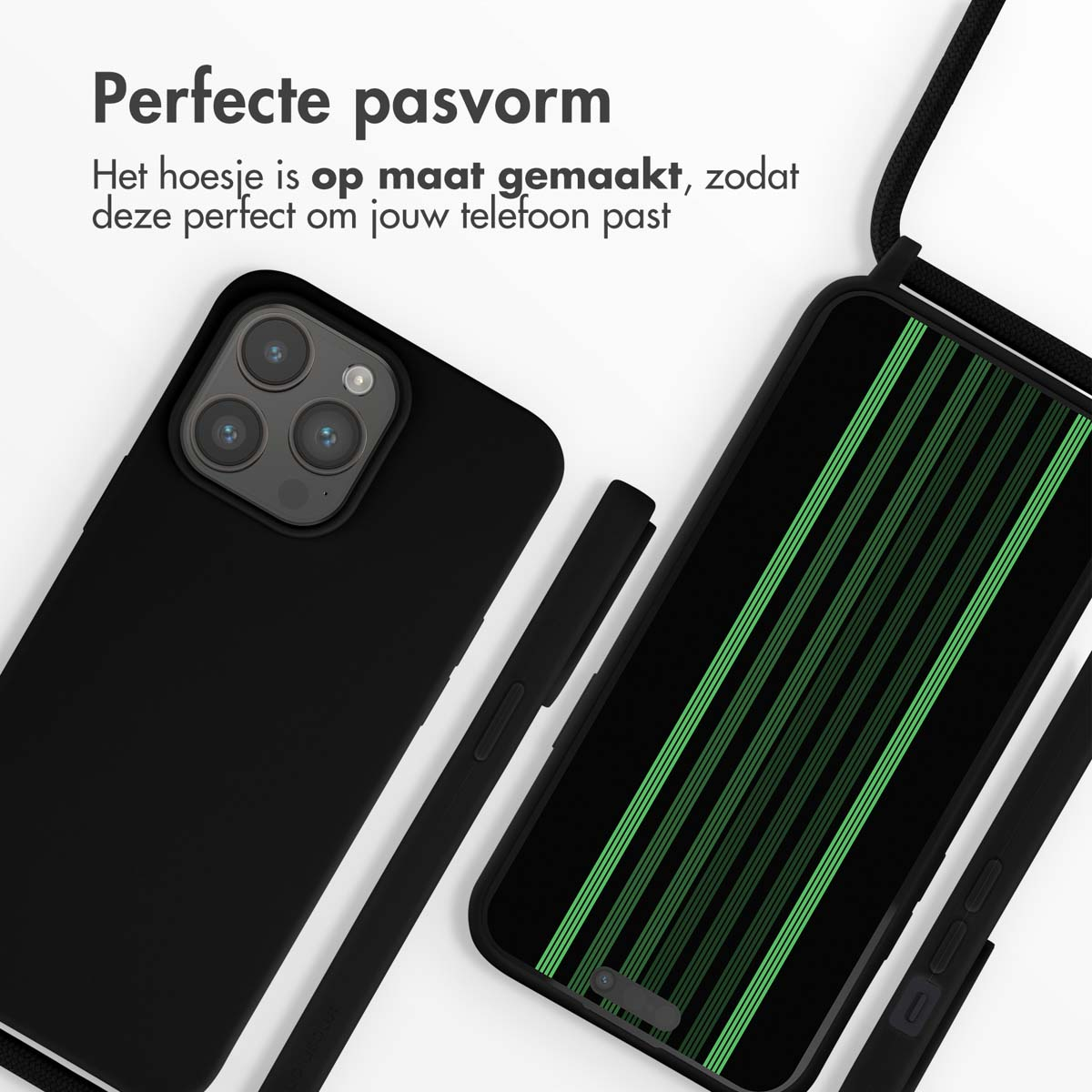 Schwarze Handyhülle mit schwarzem Gurt, zeigt ein Telefon mit grünen Linien.