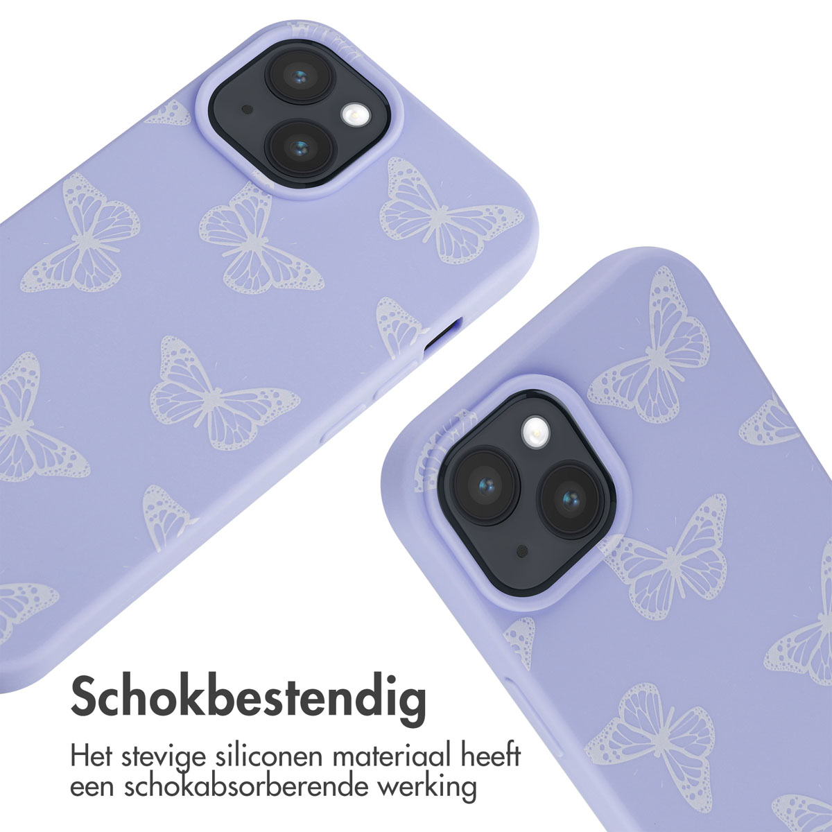 Twee lavendelkleurige telefoonhoesjes met vlinderpatronen. De tekst 'Schokbestendig' is zichtbaar.