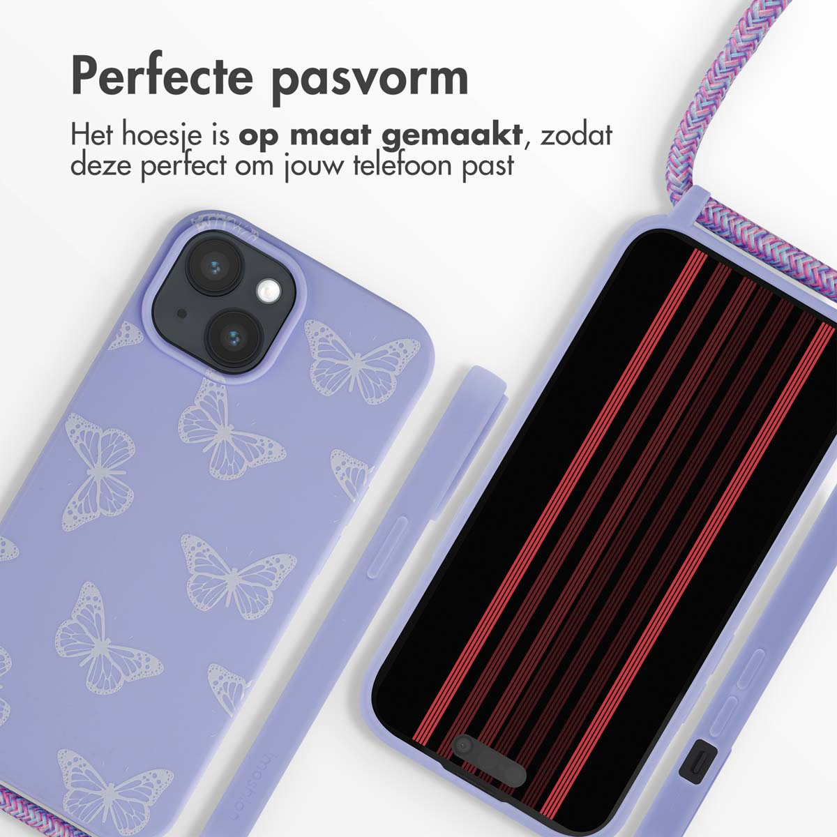 Telefoonhoesje met bandje, paarse hoes met vlinderpatroon, telefoon rechts.
