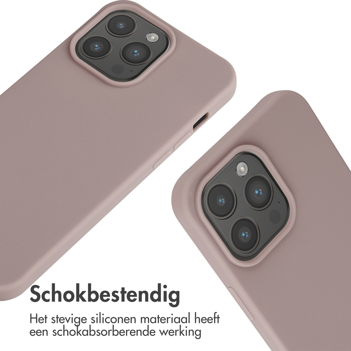 Zwei mauvefarbene Handyhüllen werden angezeigt. Der Text 'Stoßfest' steht über dem Bild.