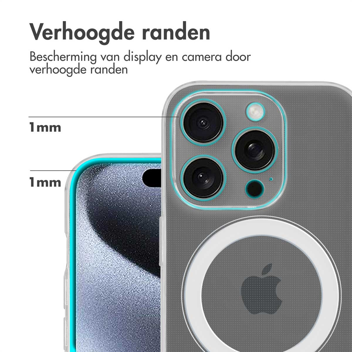 Coque de téléphone avec dos transparent et cadre noir. Elle a des bords surélevés. Fond blanc.