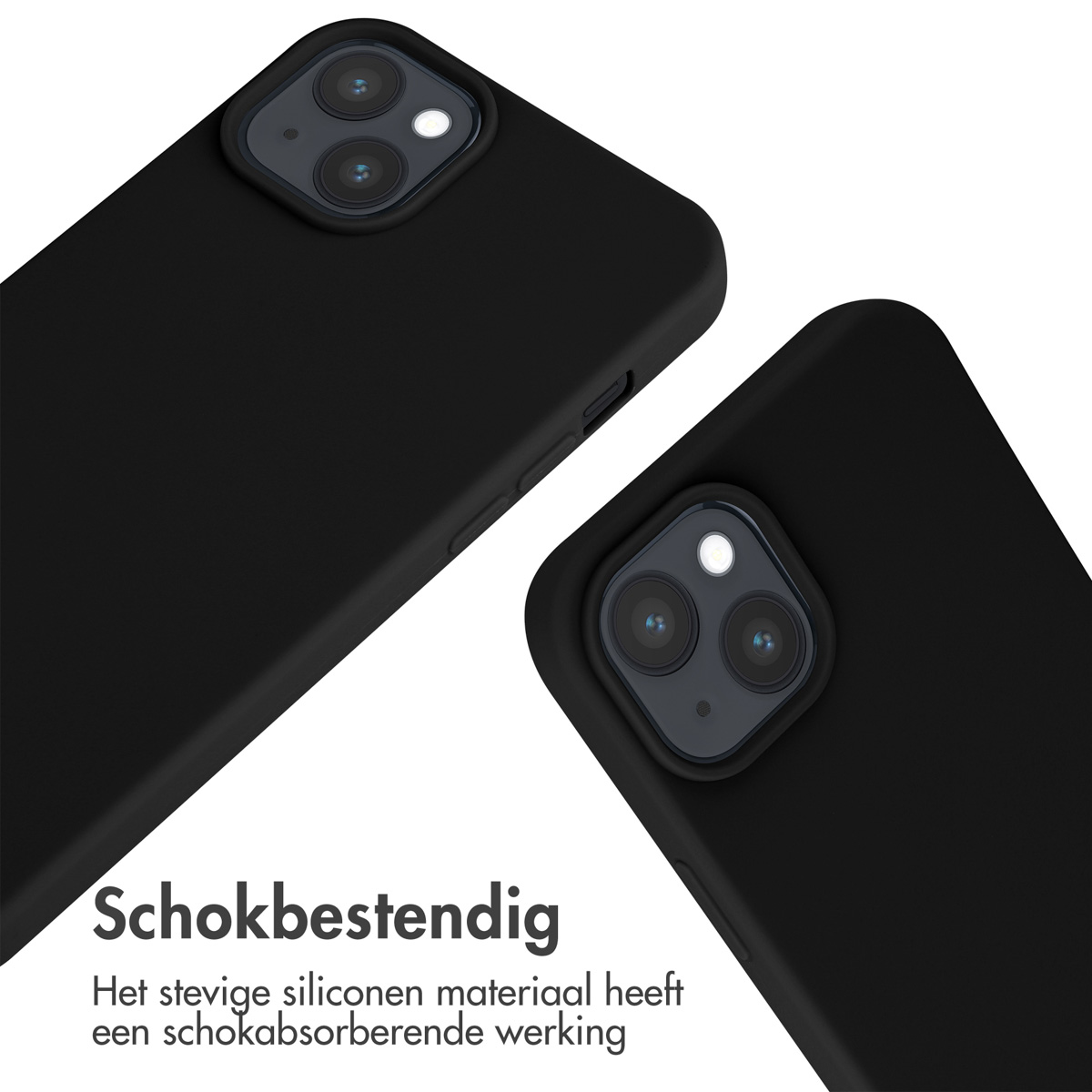 Twee zwarte telefoonhoesjes. Elk heeft een camera-uitsparing en tekst.