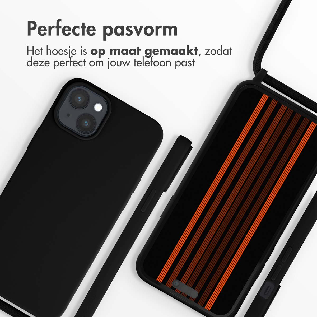 Zwart telefoonhoesje met bandje, telefoon rechts. Oranje lijnen op het scherm.