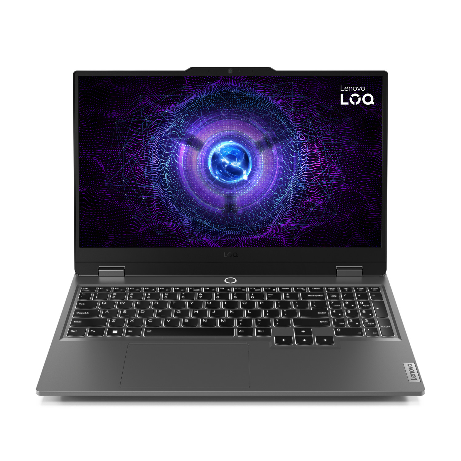 Un laptop con tastiera grigio scuro e schermo con design circolare.