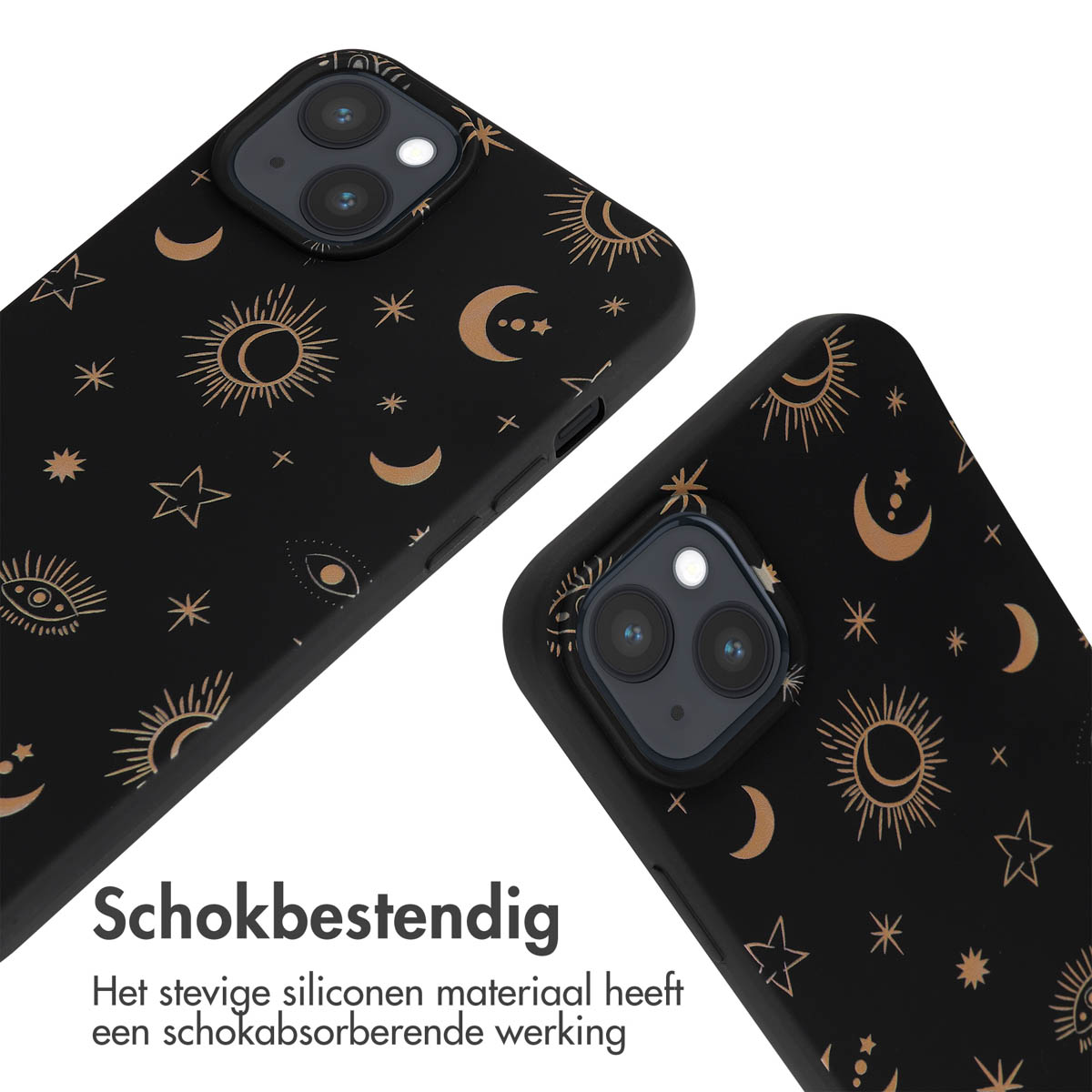 Deux coques de téléphone noires avec des soleils, étoiles et lunes dorés. Les coques sont sur fond blanc.