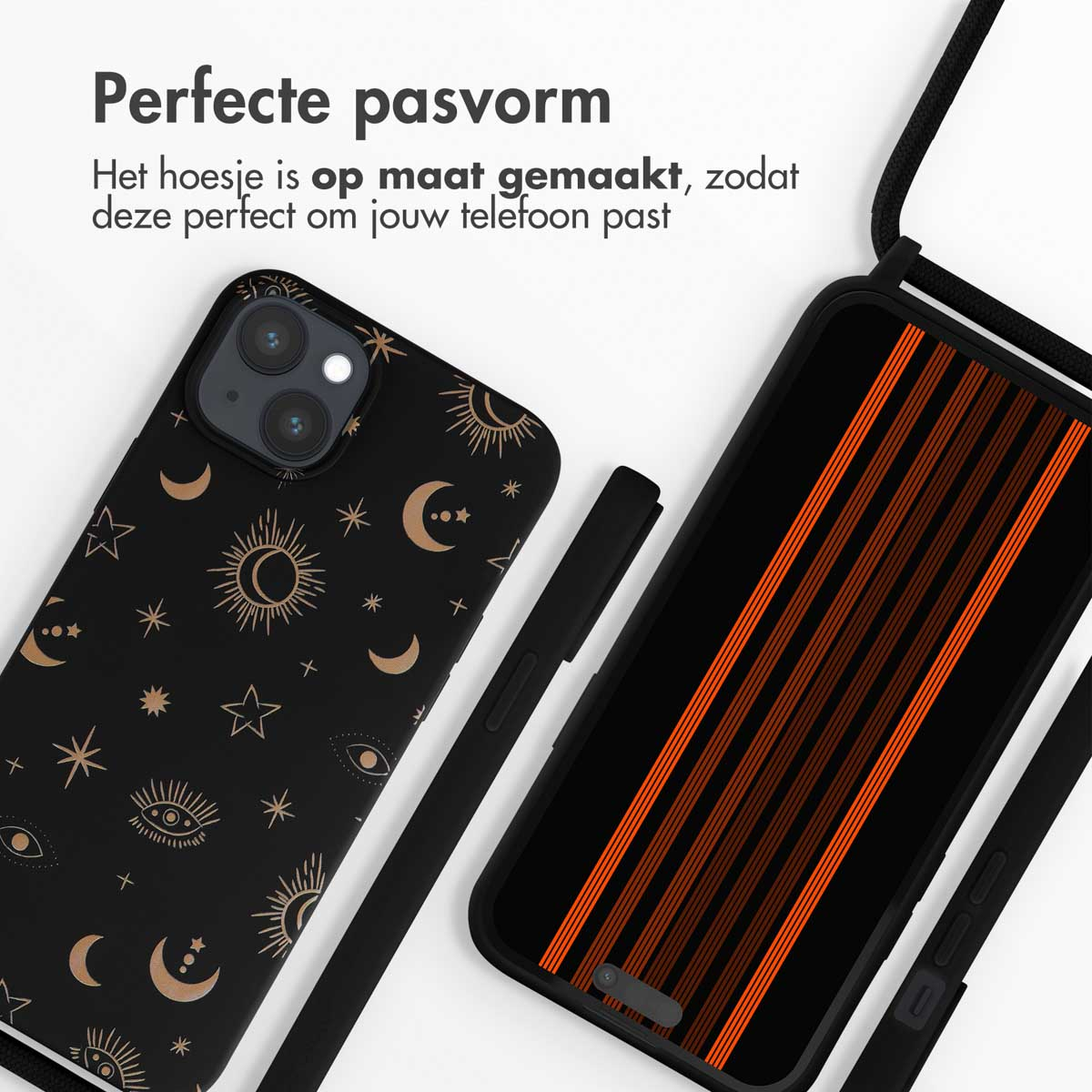 Coque de téléphone noire avec cordon, écran de téléphone design doré, fond blanc.