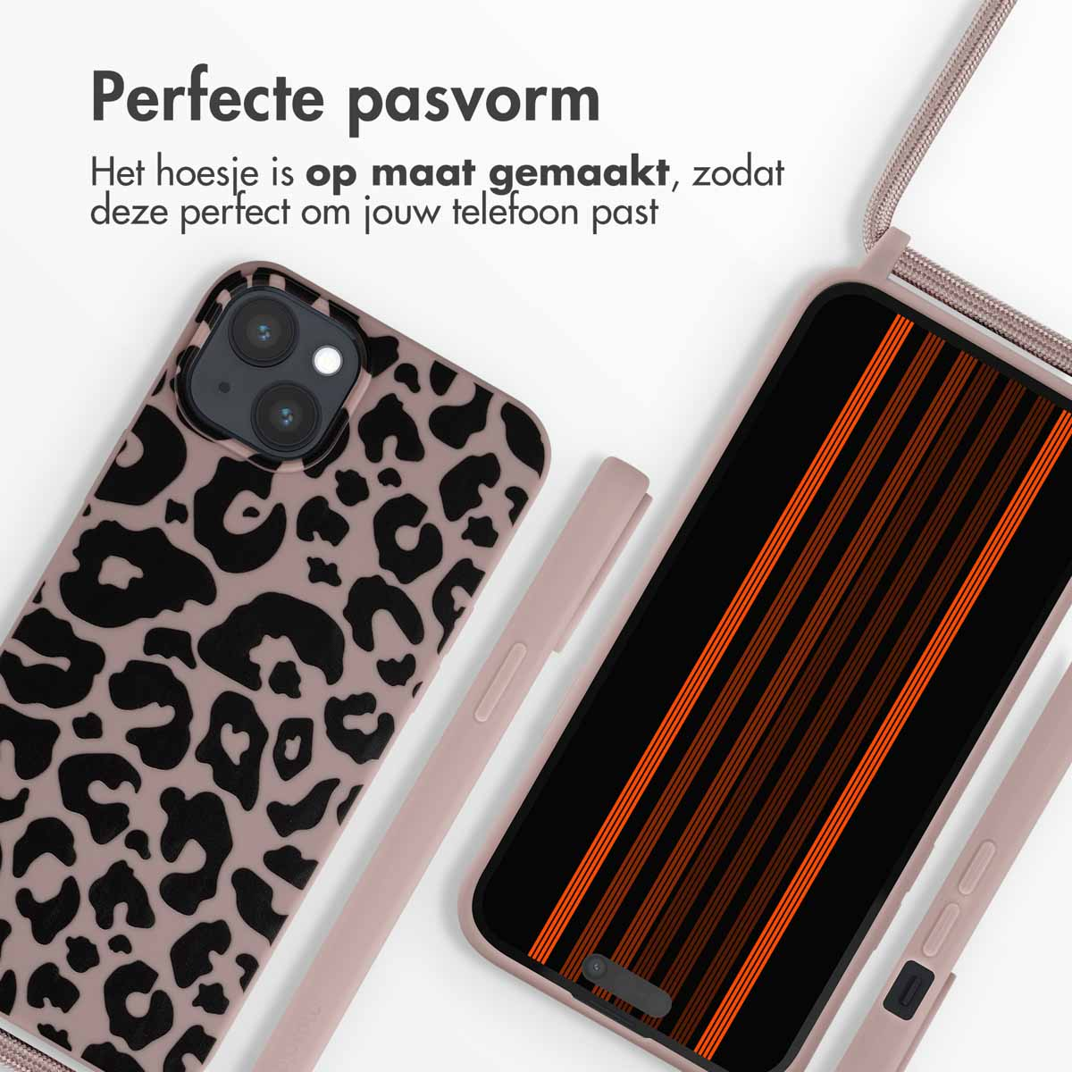 Coque de téléphone avec sangle, coque imprimée léopard à gauche, téléphone à droite.