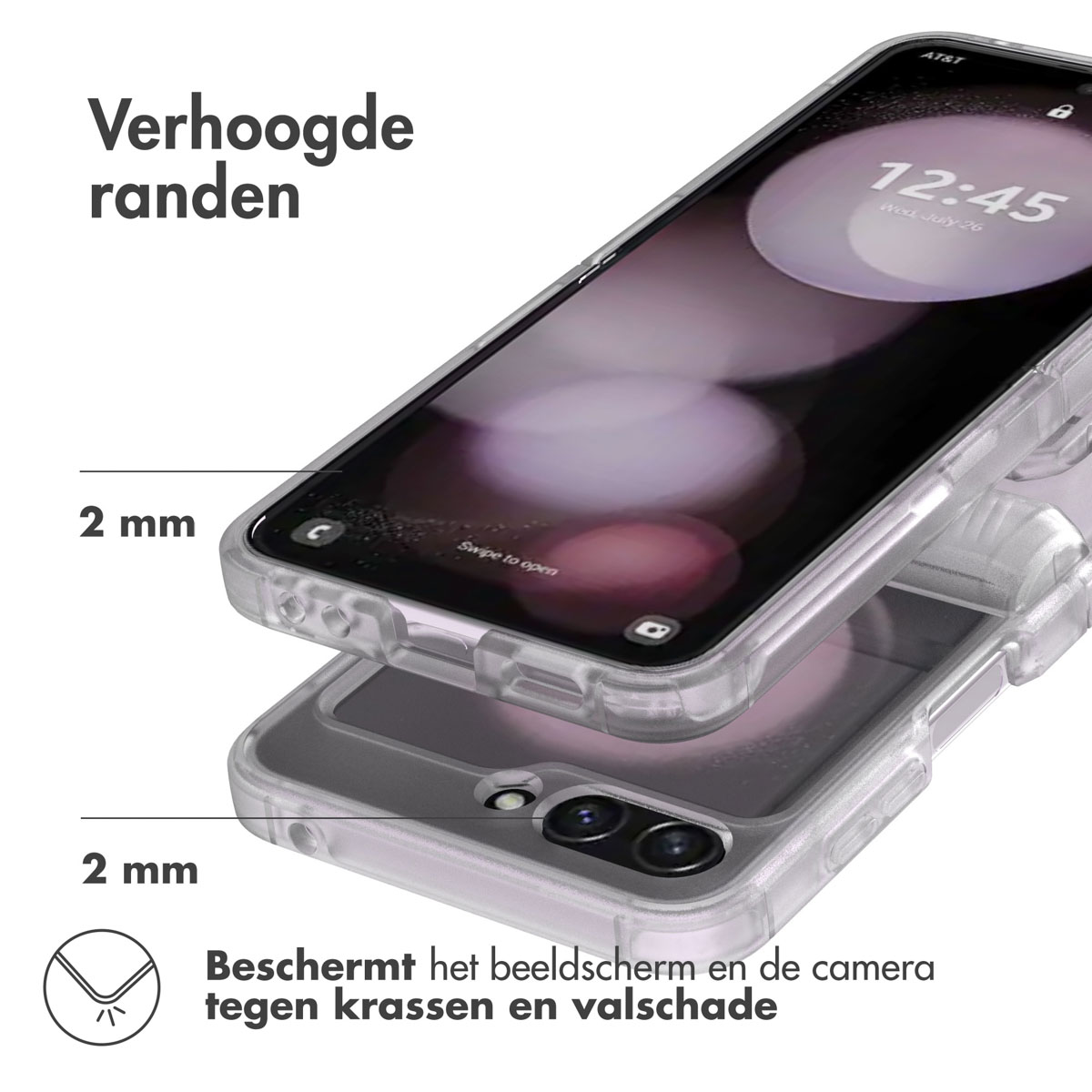 Twee transparante telefoonhoesjes op elkaar. Toont de randen en bescherming.