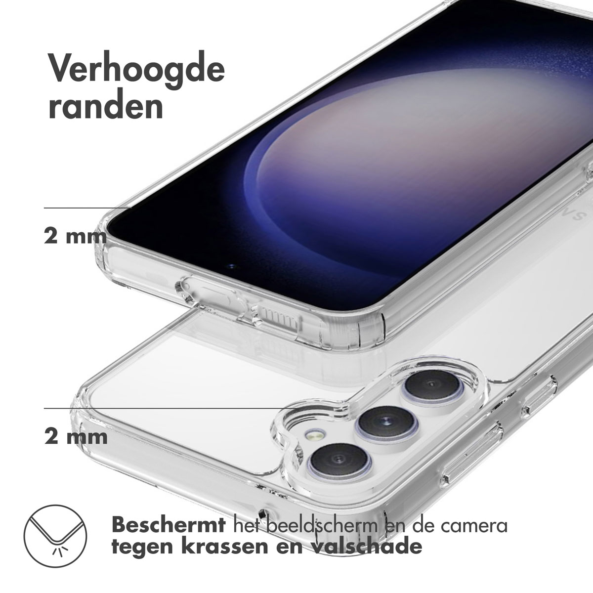 Custodia trasparente su un telefono, che mostra la fotocamera e lo schermo. Lo sfondo è bianco.
