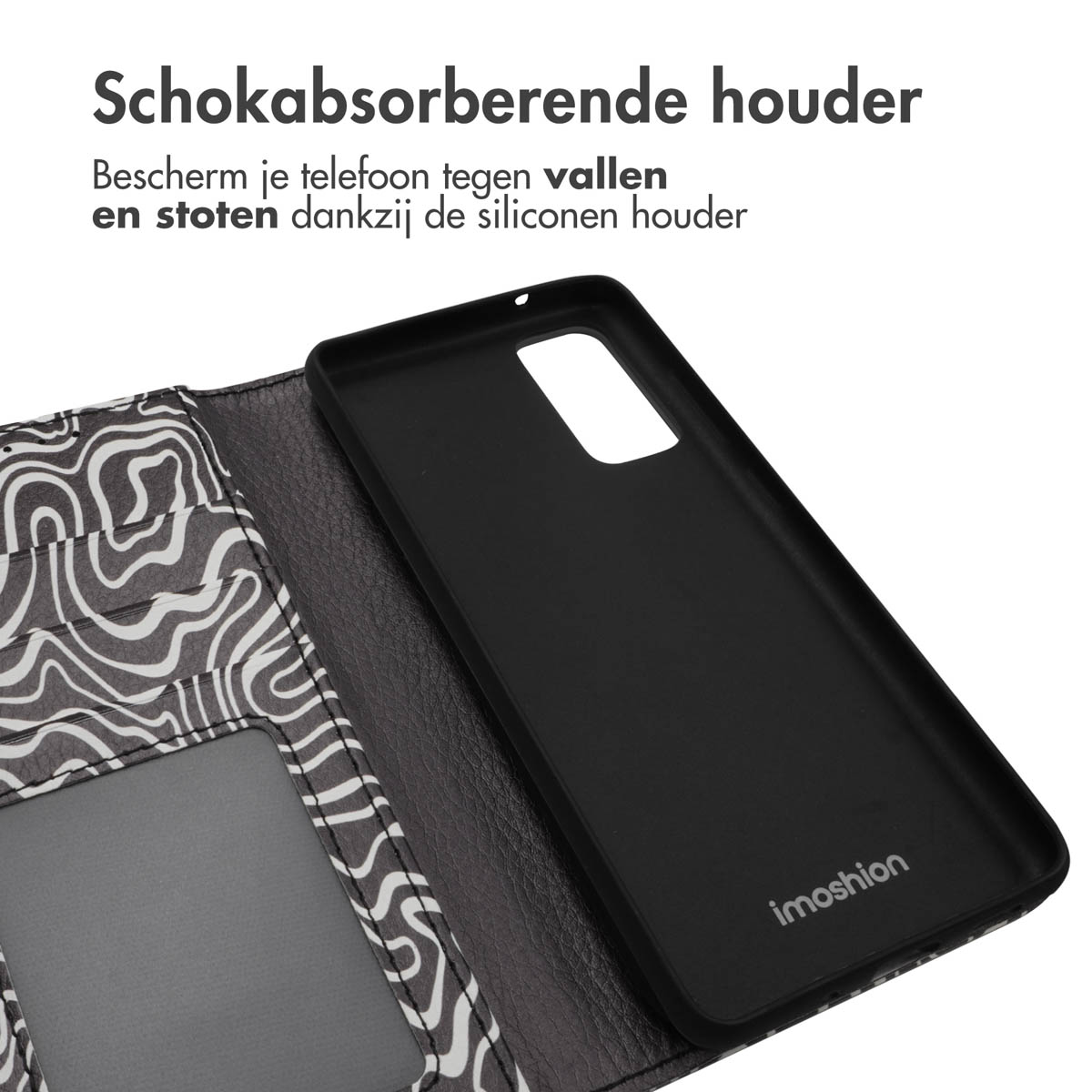Une coque de téléphone ouverte avec un téléphone à l'intérieur. Le texte ci-dessus dit 'Support amortisseur'.