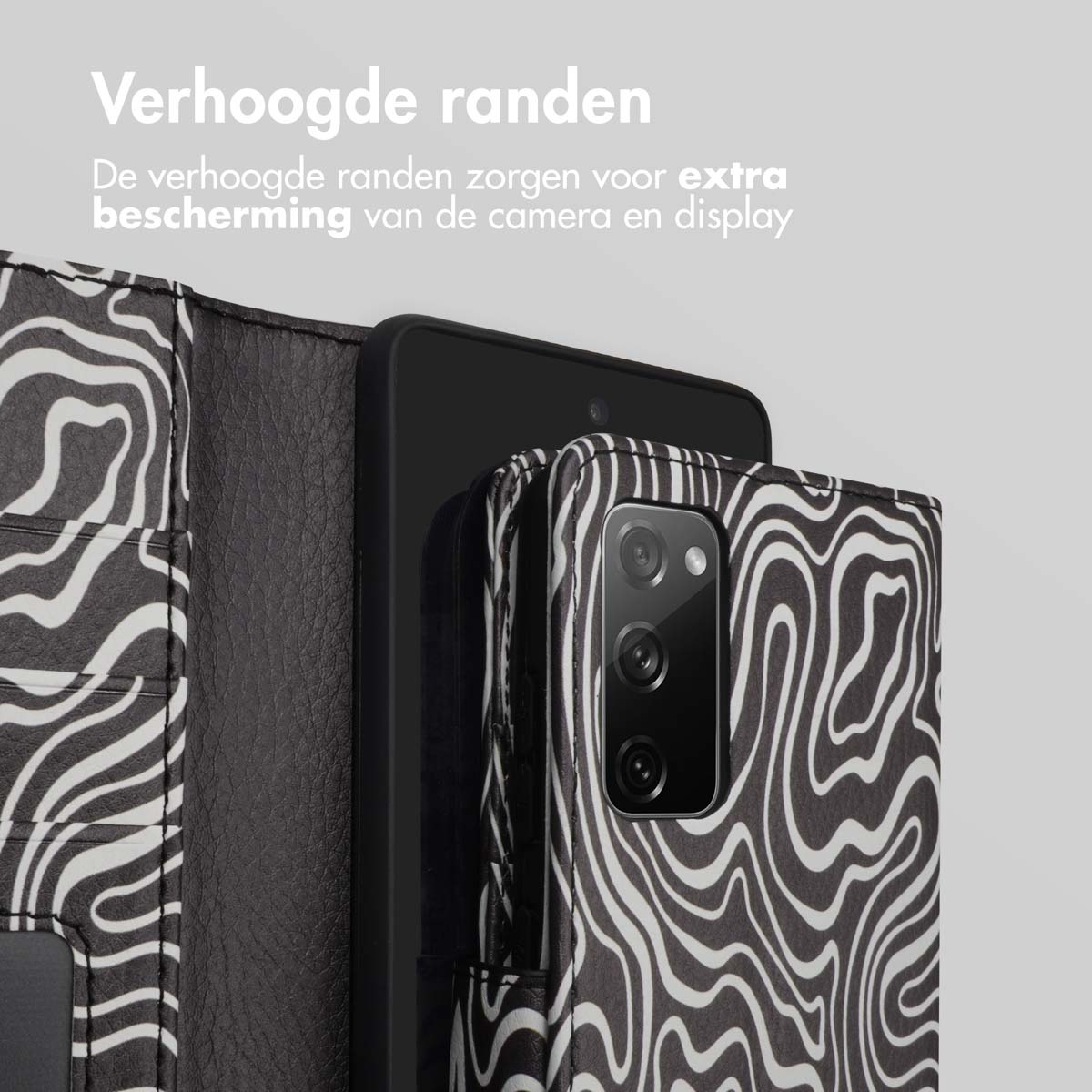 Coque de téléphone zébrée en noir et blanc sur un téléphone et un portefeuille. Texte : Bords surélevés.