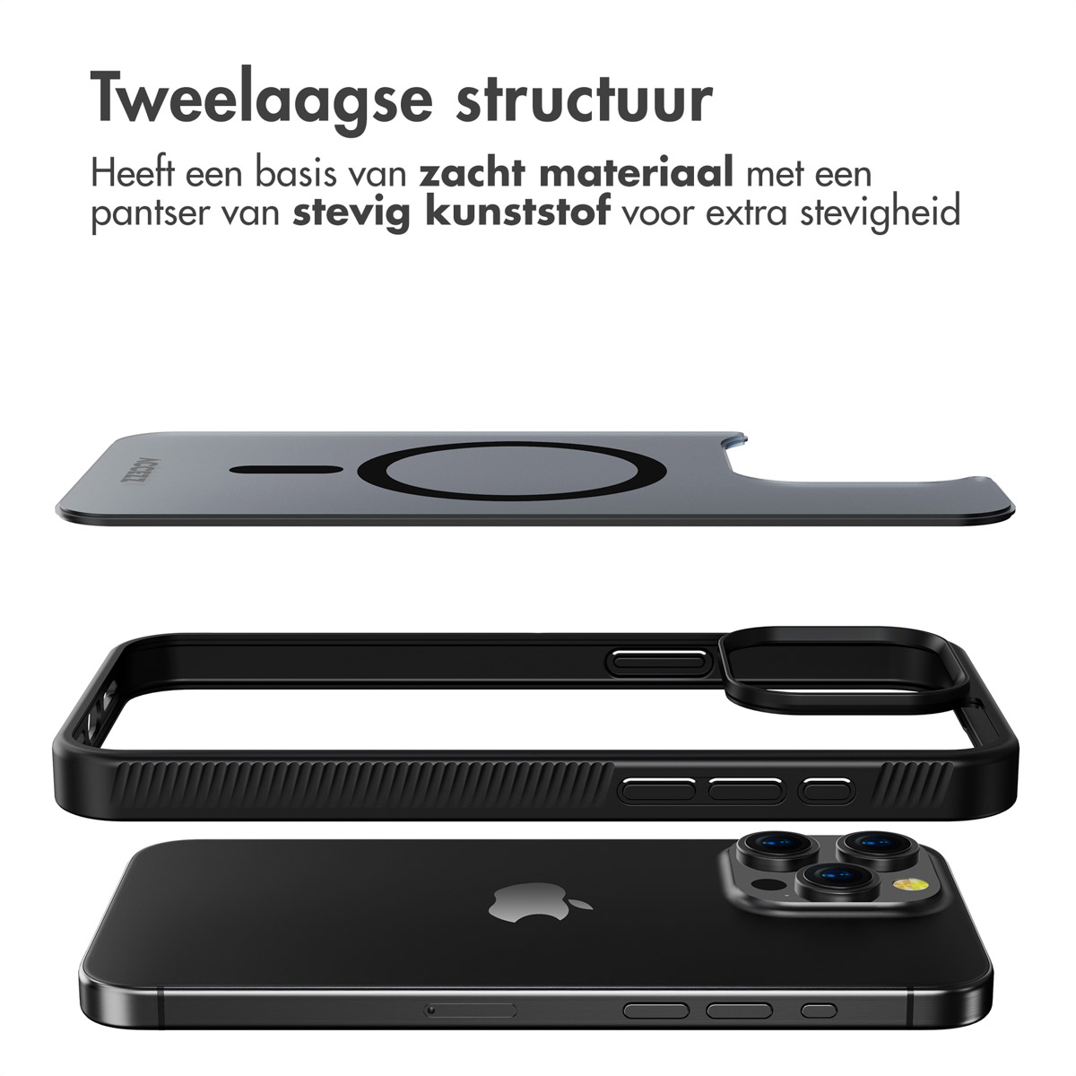 Trois vues de la coque du téléphone : dos noir, cadre noir et un téléphone. Le texte dit 'Structure à deux couches'.