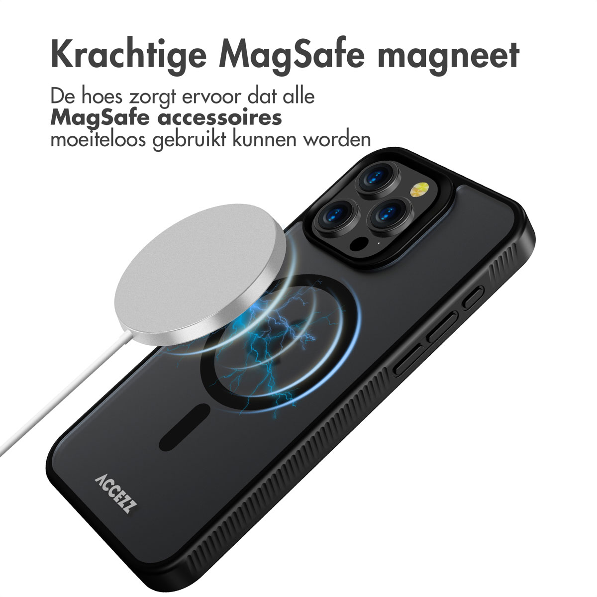 Téléphone noir dans coque avec chargeur MagSafe. Chargeur argenté et blanc.