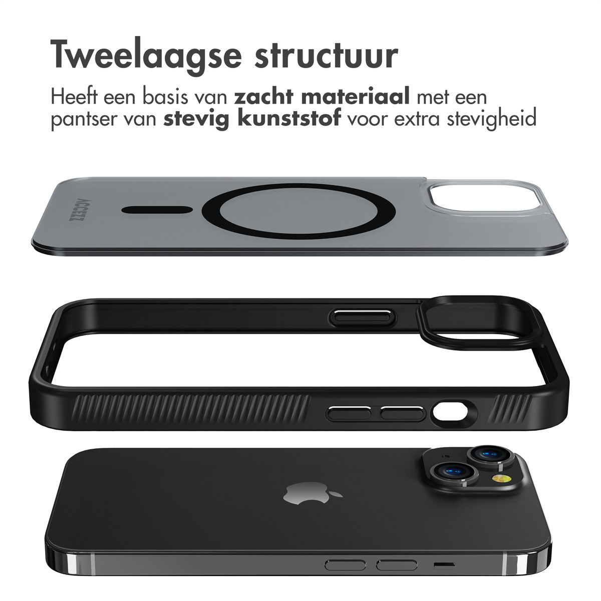 Composants de coque de téléphone à trois couches : dos, cadre et couvercle, avec un téléphone à l'intérieur. Couleurs grise, noire et transparente.