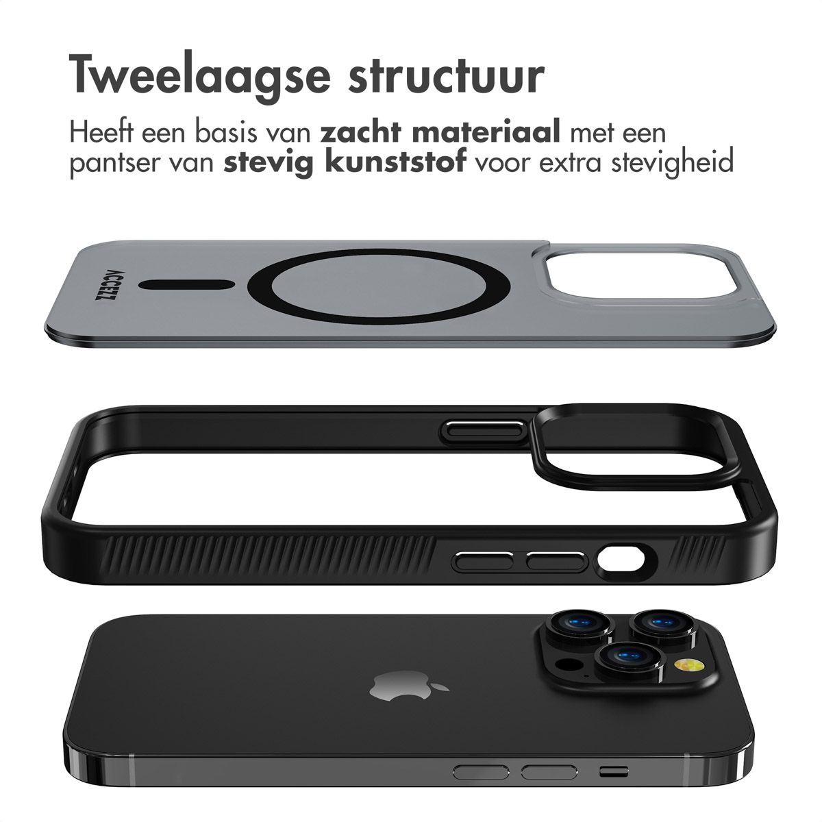 Telefoon en hoesje, toont de gelaagde structuur. Grijze achterkant met zwart frame.