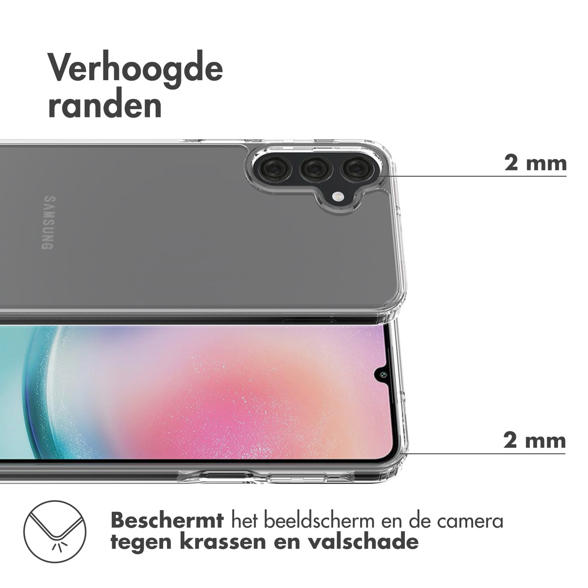 Transparante telefoonhoes op een telefoon. De hoes heeft opstaande randen en beschermt scherm en camera.
