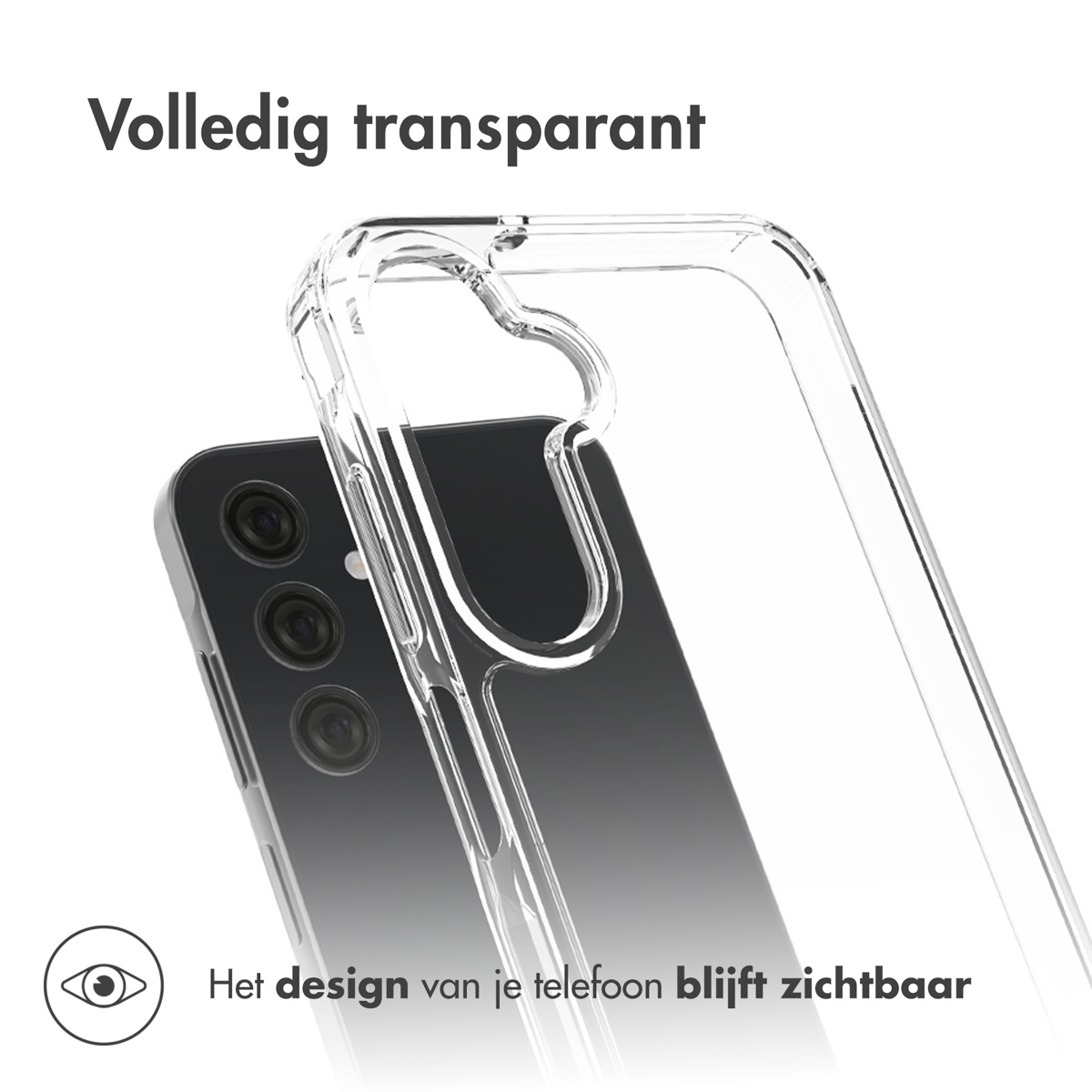 Een transparante telefoonhoes op een zwarte telefoon. De hoes is helder en het ontwerp van de telefoon is zichtbaar.