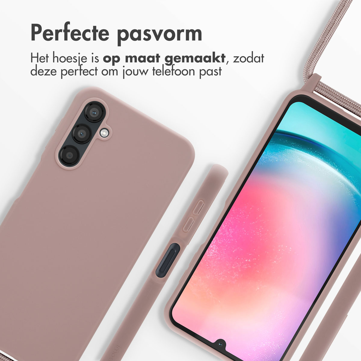 Twee telefoonhoesjes worden getoond, één met een bandje. Een telefoon wordt in de hoes getoond.