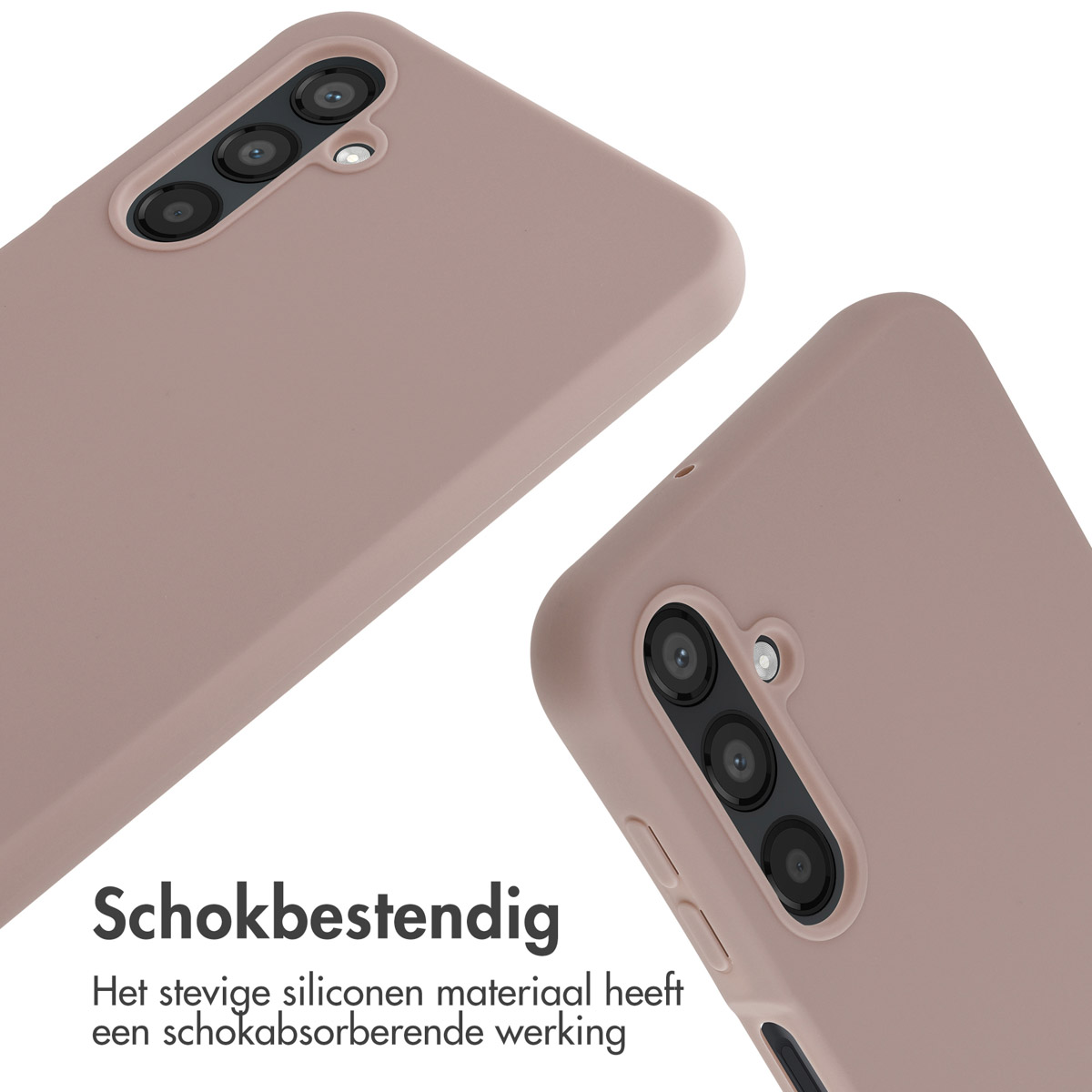 Twee roze telefoonhoesjes. Tekst: Schokbestendig. Het materiaal is siliconen.