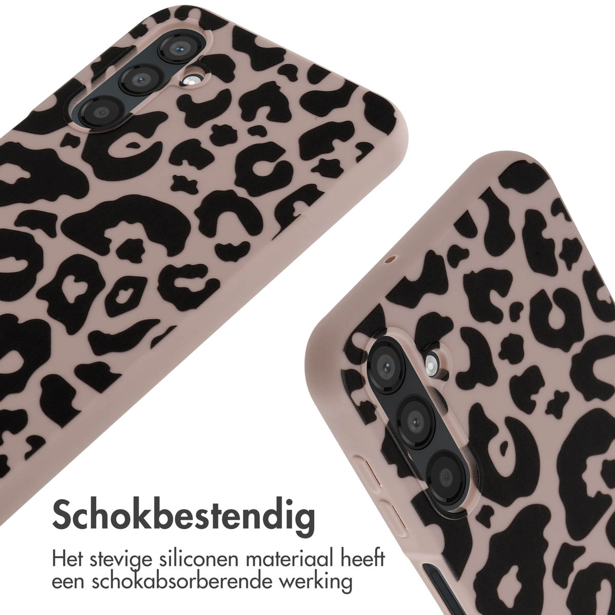 Twee telefoonhoesjes met luipaardprint. Close-up. Hoesjes met zwarte luipaardvlekken. Tekst: Schokbestendig.
