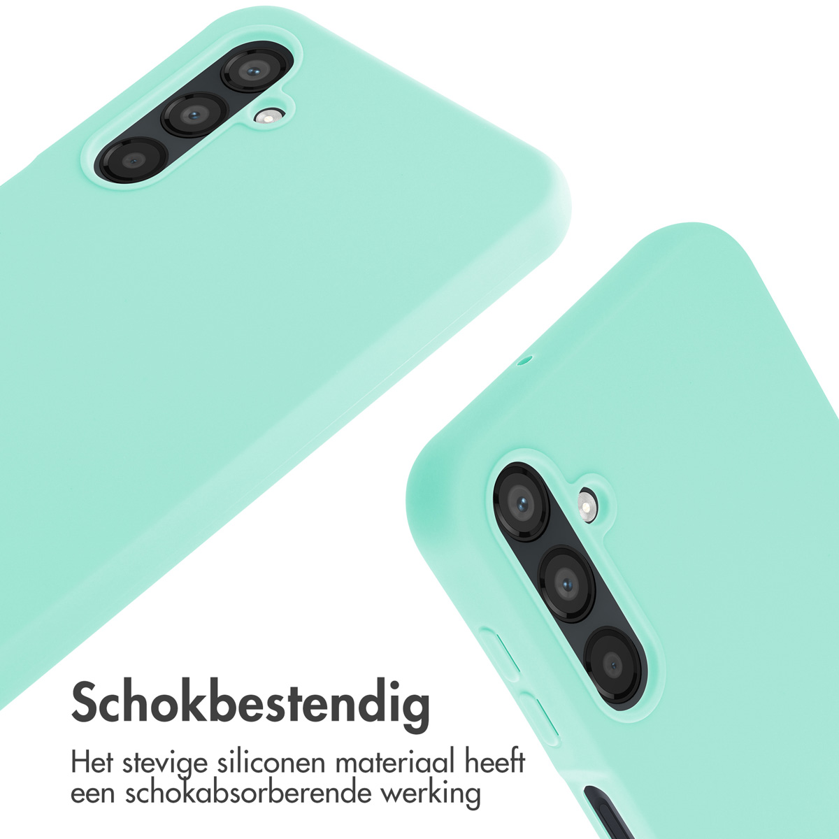 Deux coques de téléphone vert clair. Texte : Anti-choc. Le matériau est en silicone.