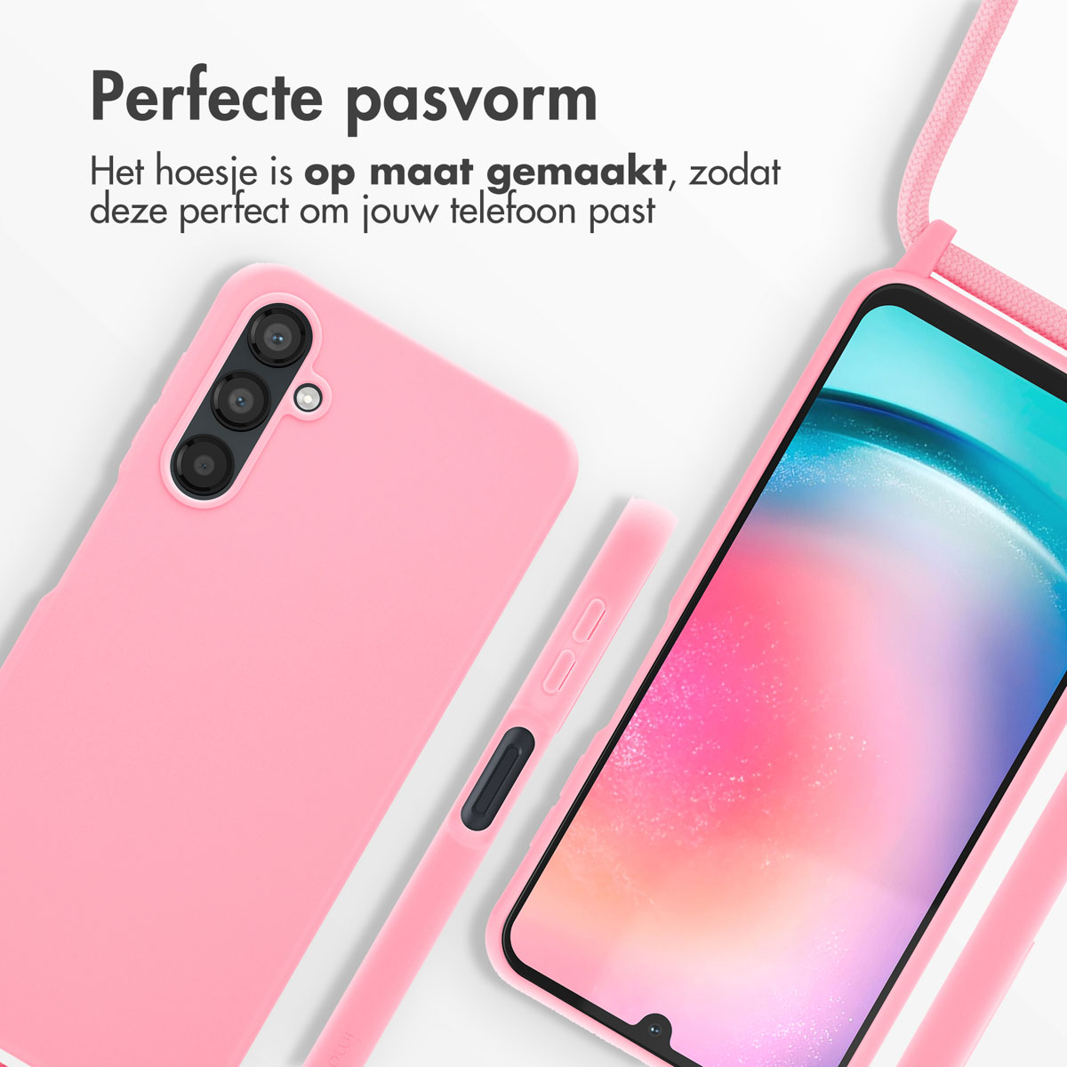 Coque et téléphone roses sur une surface blanche. Une sangle rose est attachée au téléphone.