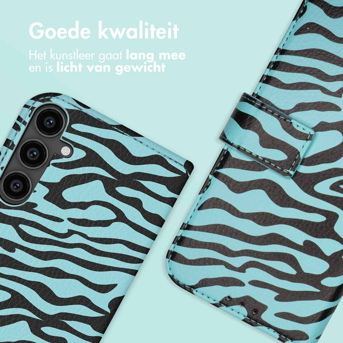 Zwart-blauwe telefoonhoes met zebraprint. De hoes is open.