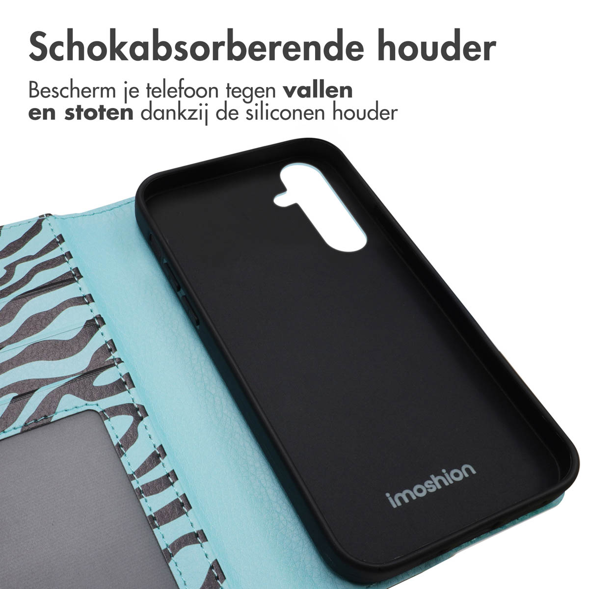 Zwart telefoonhoesje met zebra ontwerp, open om telefoon en turquoise interieur te tonen.