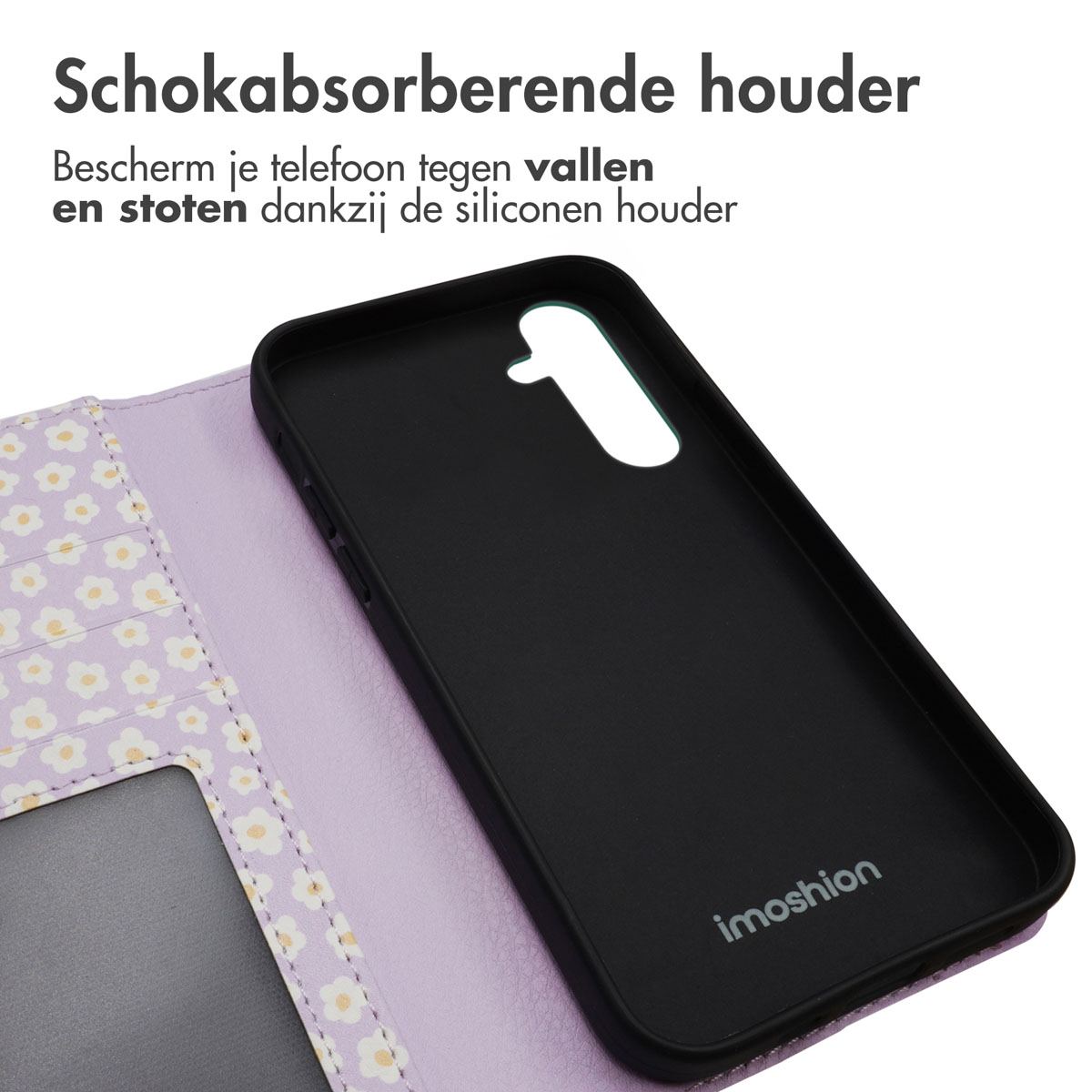 Coque de téléphone et téléphone. La coque est noire à l'intérieur et lavande à l'extérieur avec un motif floral.